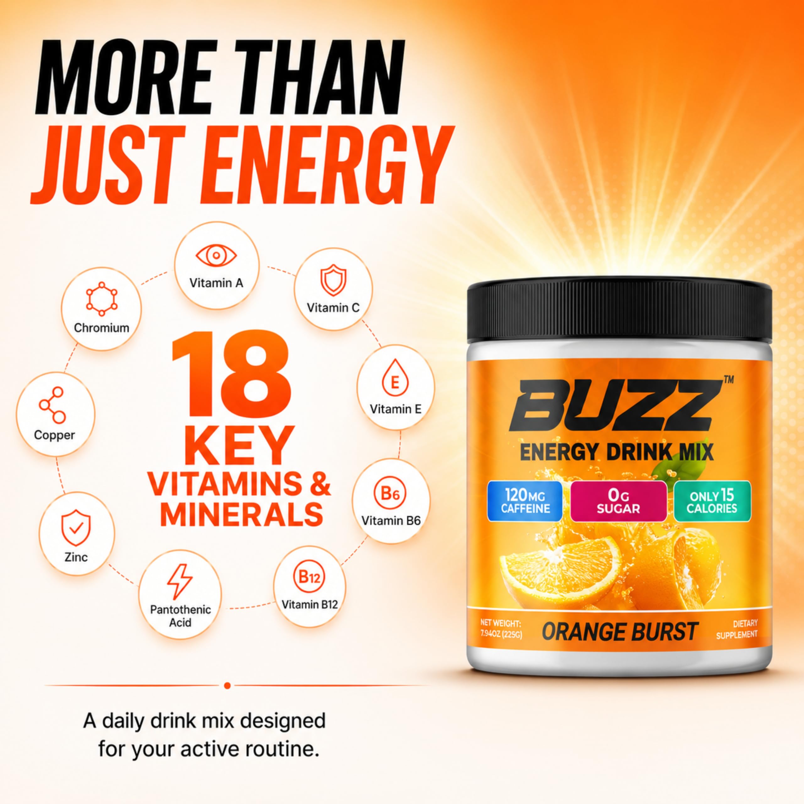 Morning Buzz en uso en gimnasio antes del entrenamiento, energía limpia