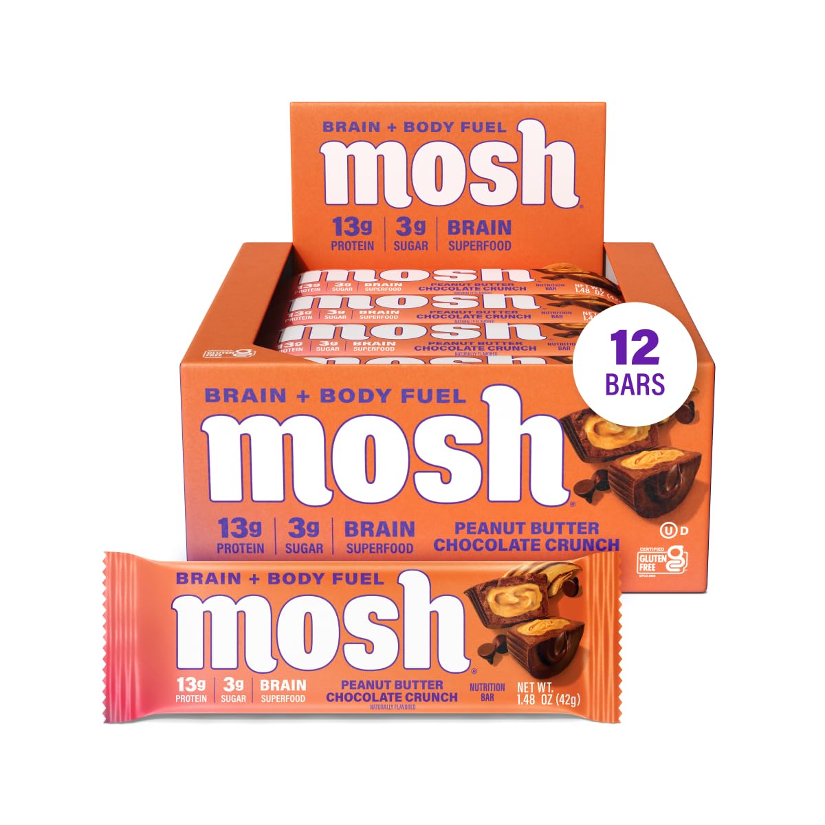 MOSH paquete frontal mostrando 12 barras, conveniente para viajes