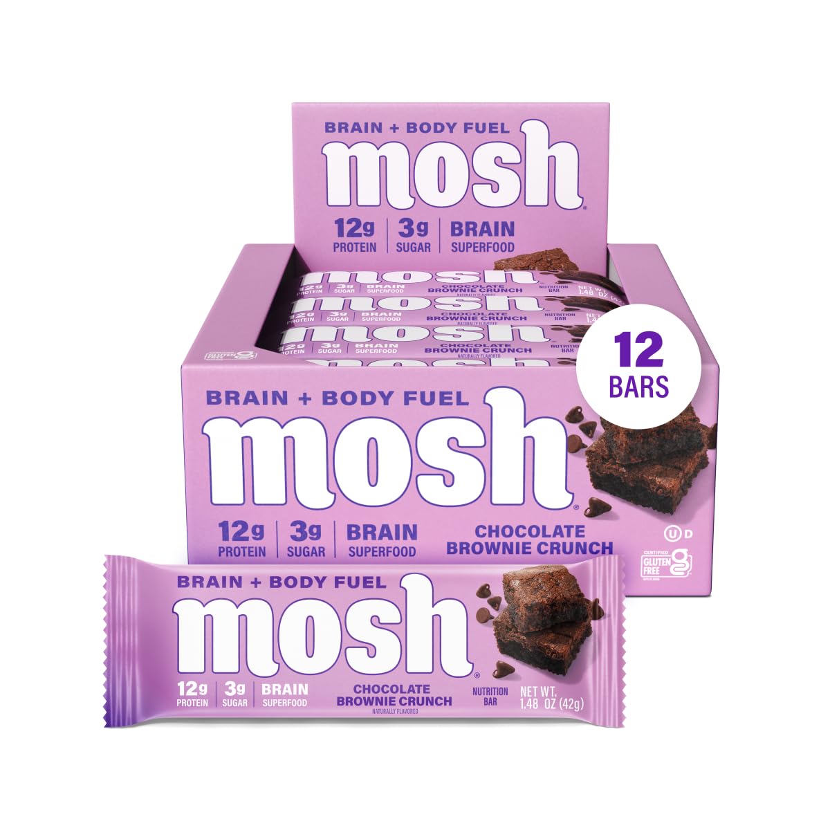 MOSH empaque frontal mostrando barras y beneficios nutricionales