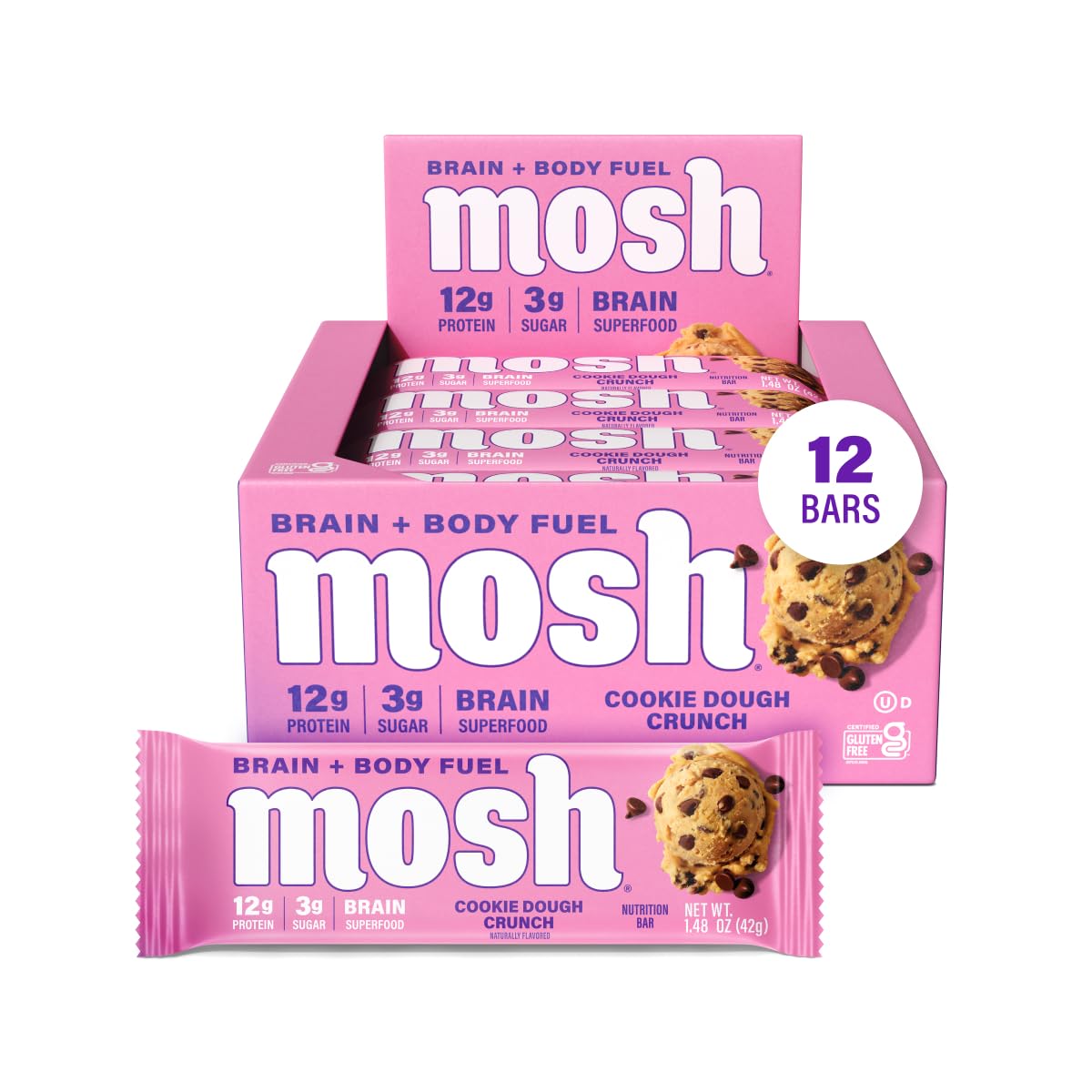 MOSH empaque frontal de Cookie Dough Crunch mostrando beneficios y sellos