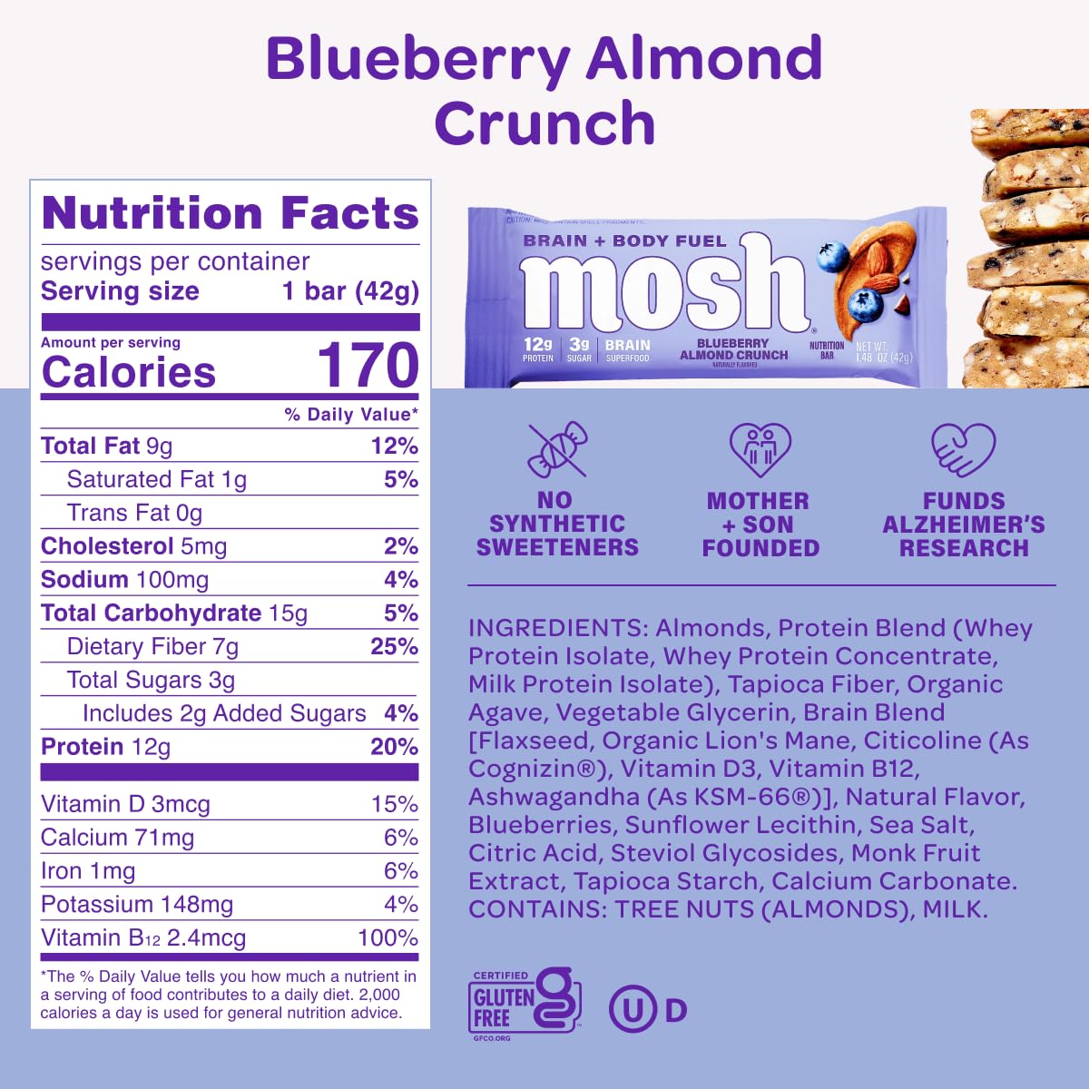 MOSH detalle de ingredientes arándanos y almendras realzando sabor natural