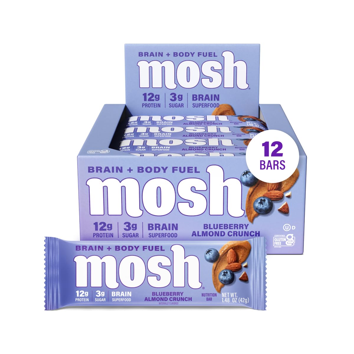 MOSH empaque frontal Blueberry Almond Crunch mostrando beneficio keto