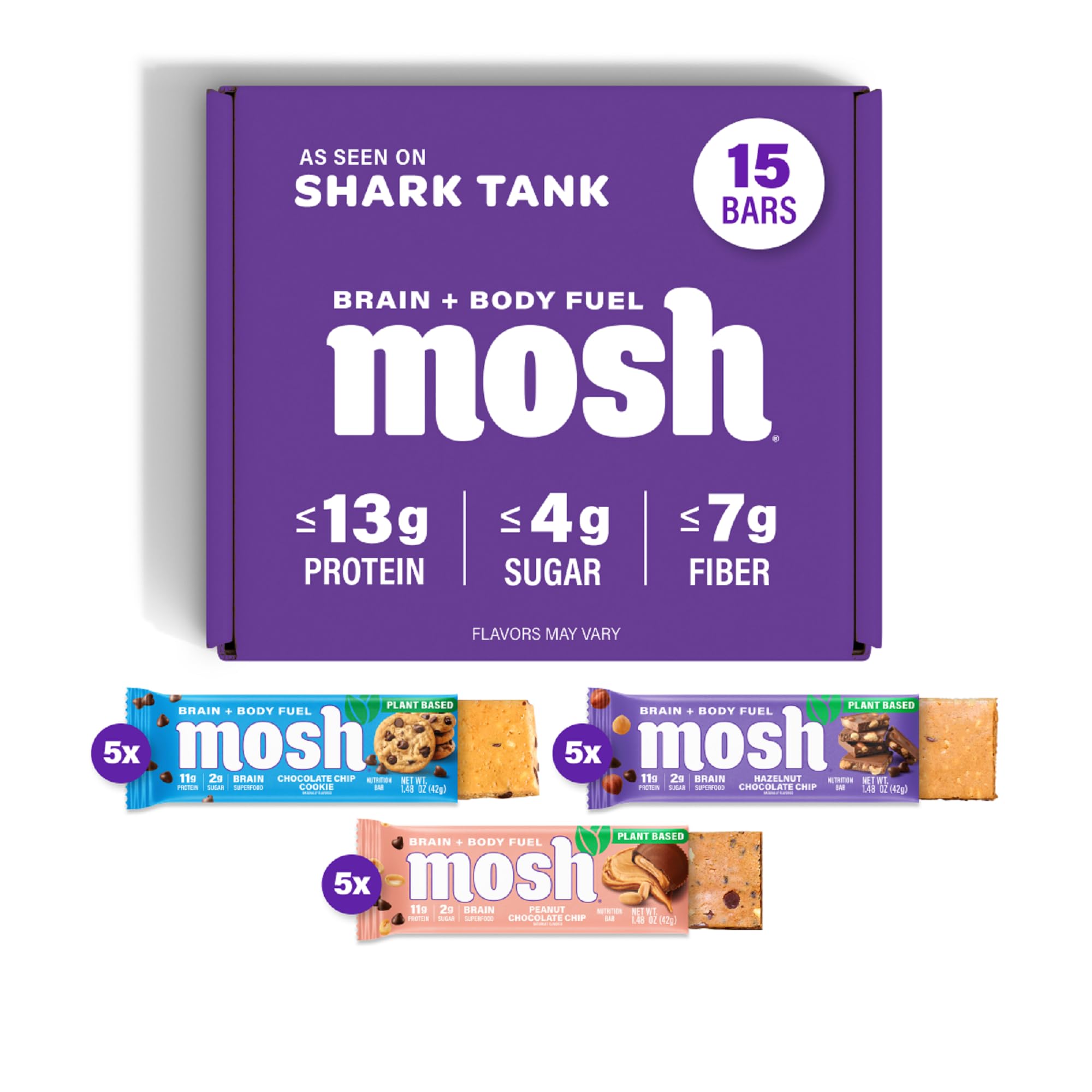 MOSH empaque frontal del variety pack mostrando 15 barras y beneficios