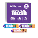 MOSH empaque frontal del variety pack mostrando 15 barras y beneficios