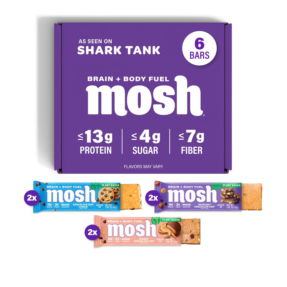 MOSH frente del paquete variedad mostrando sabores y beneficios