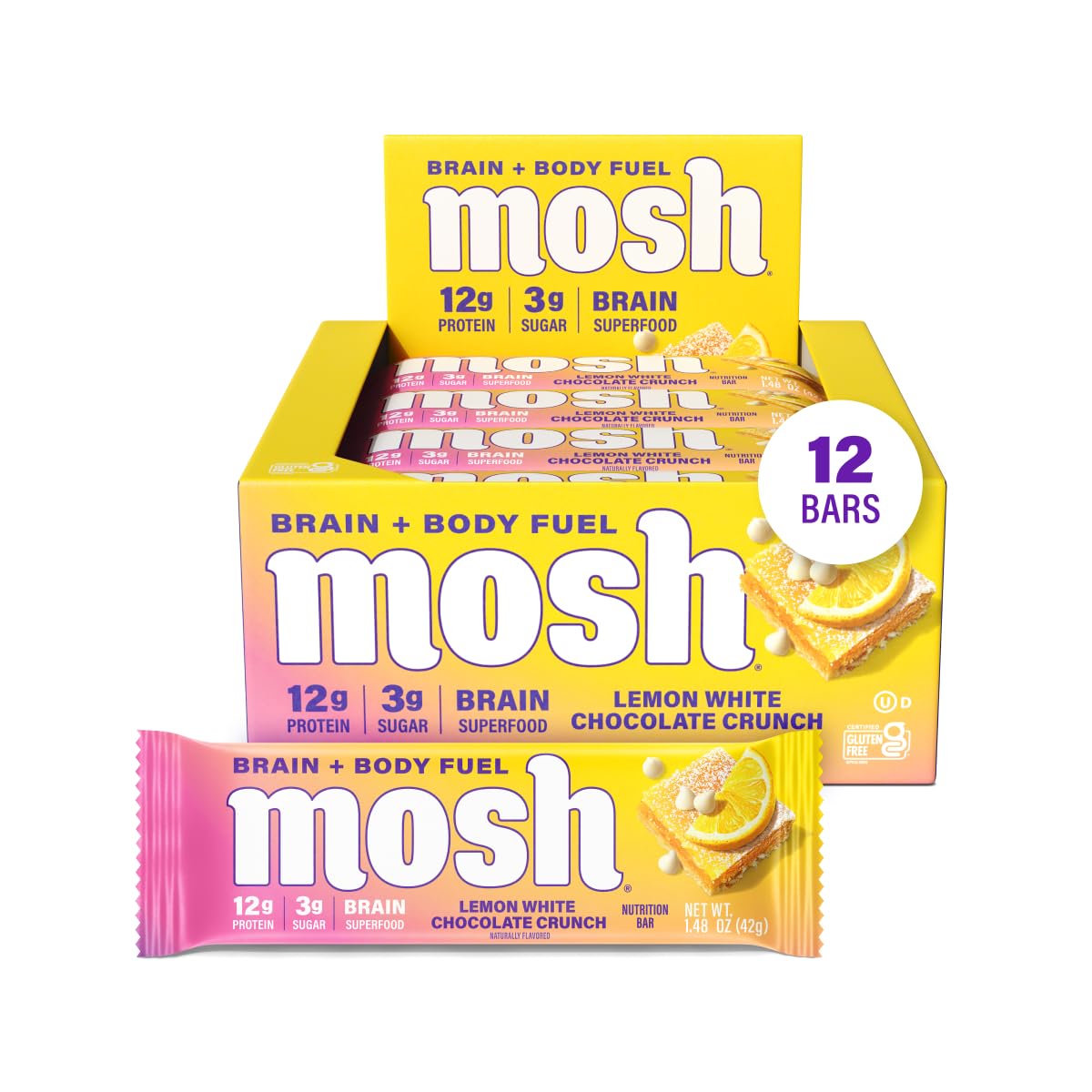 MOSH empaque frontal sabor limón chocolate blanco mostrando beneficios