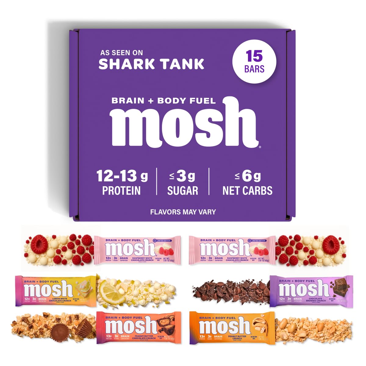 MOSH empaque frontal del pack variedad mostrando 15 barras, conveniencia portable