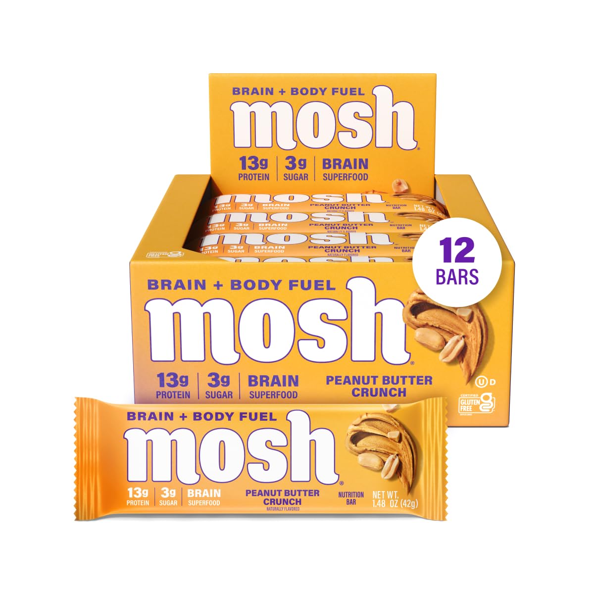 MOSH empaque frontal mostrando barras y ventajas nutricionales