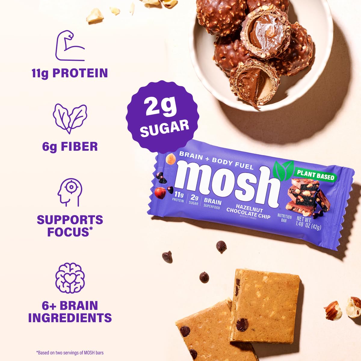 MOSH primer plano de textura y chips de chocolate, apetece y sugiere crujiente