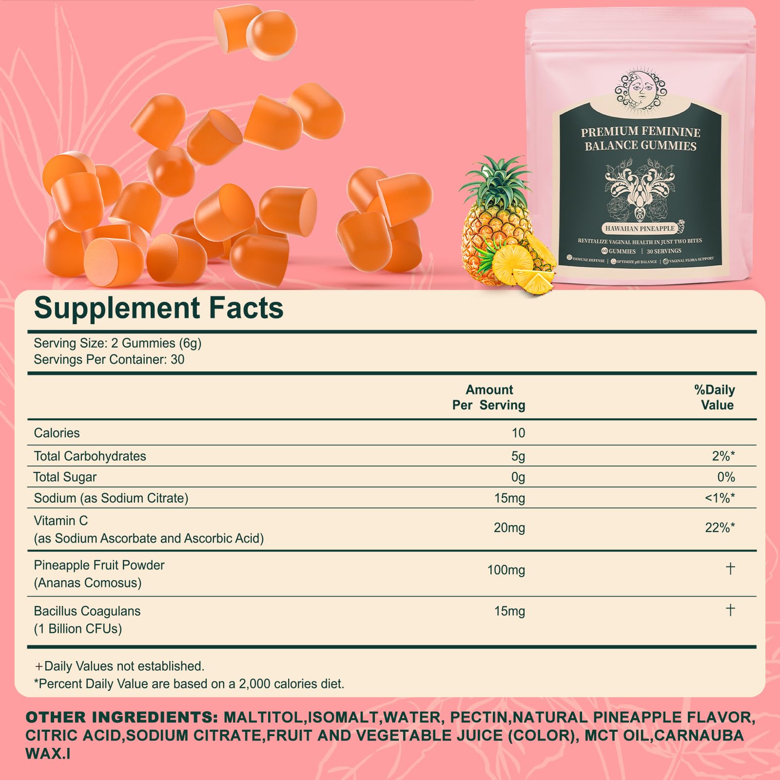 Mosslly etiqueta nutricional destacando probiótico y vitamina C