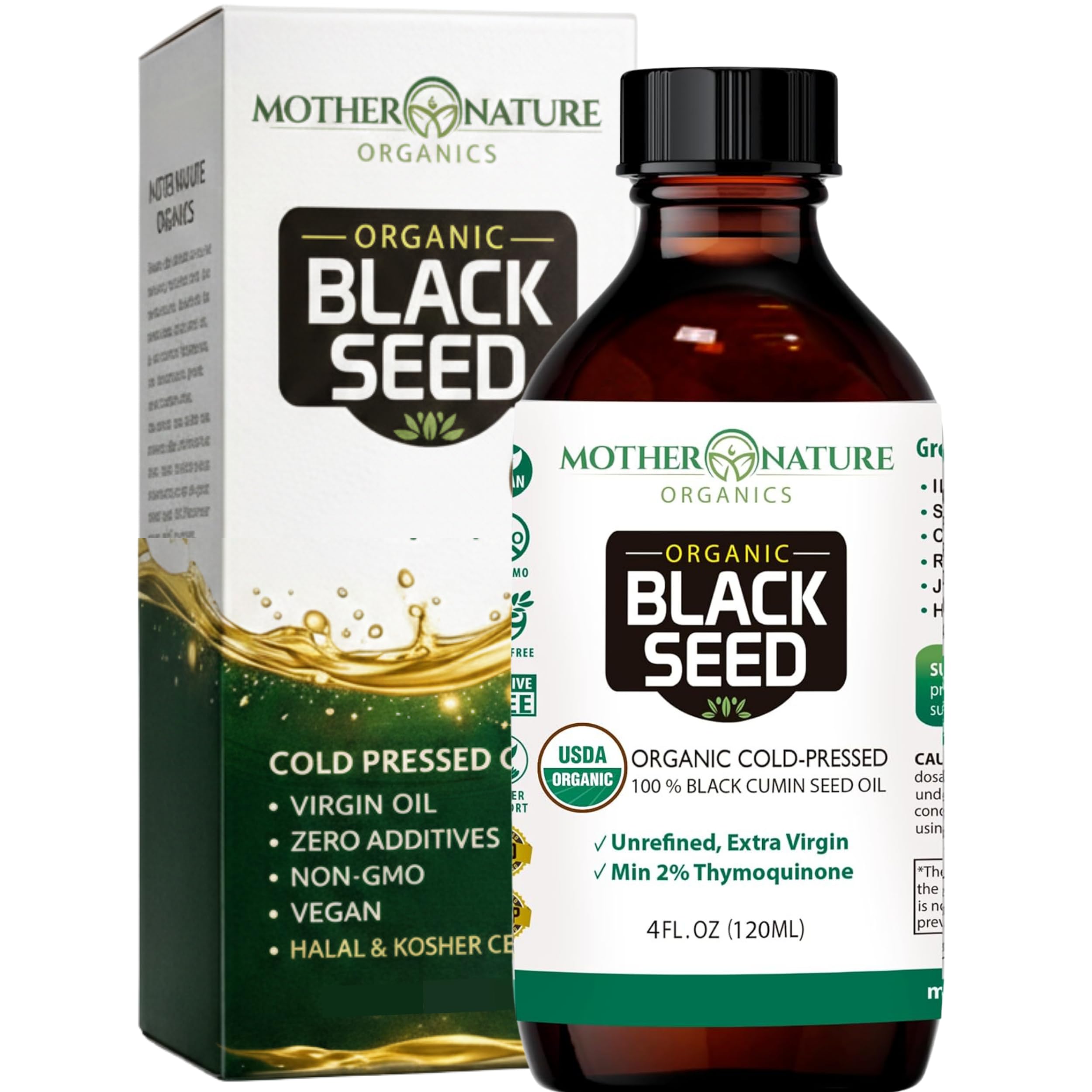 Mother Nature Organics frente de la botella muestra origen orgánico y beneficio de pureza
