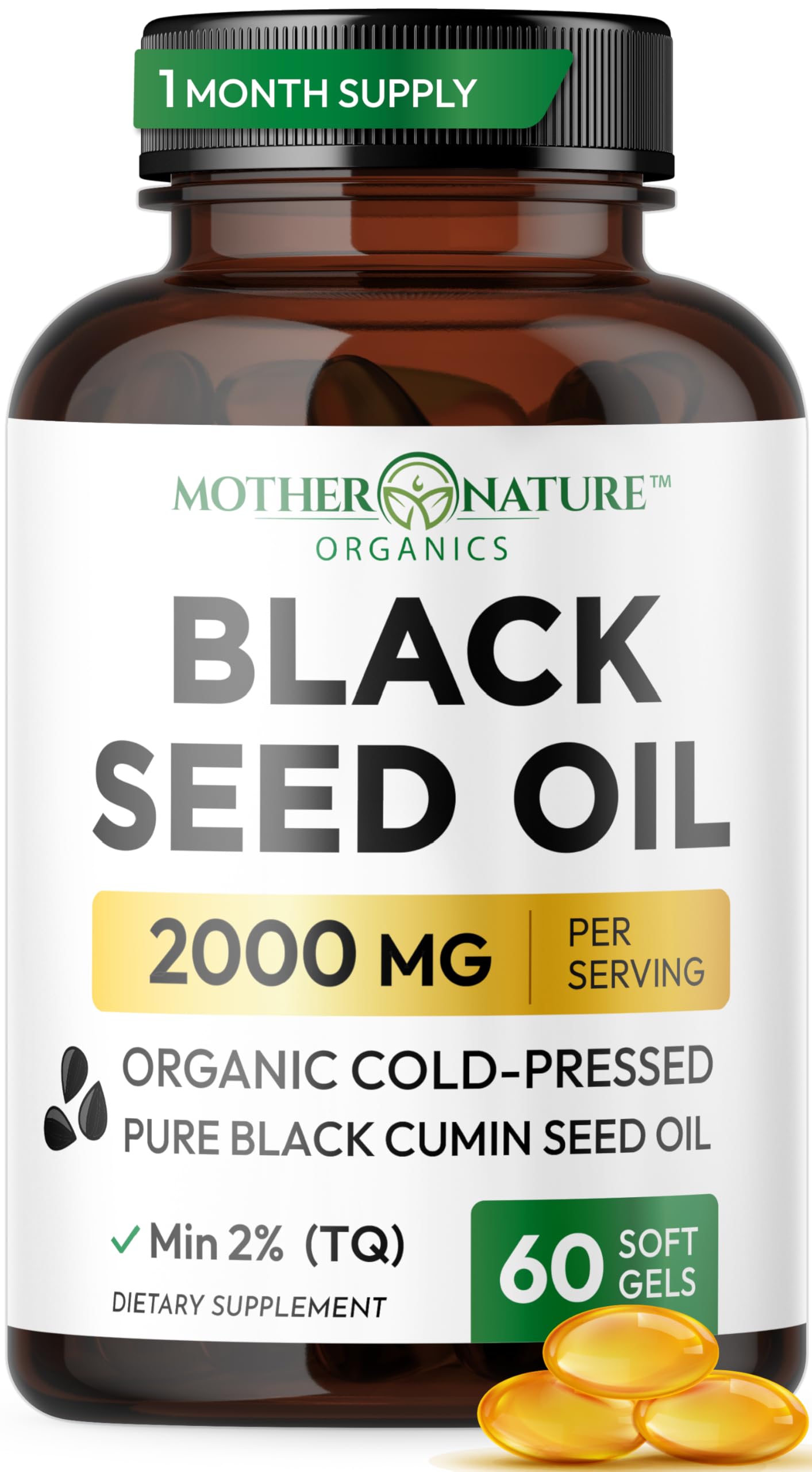 Mother Nature Organics frasco frontal mostrando etiqueta y beneficios