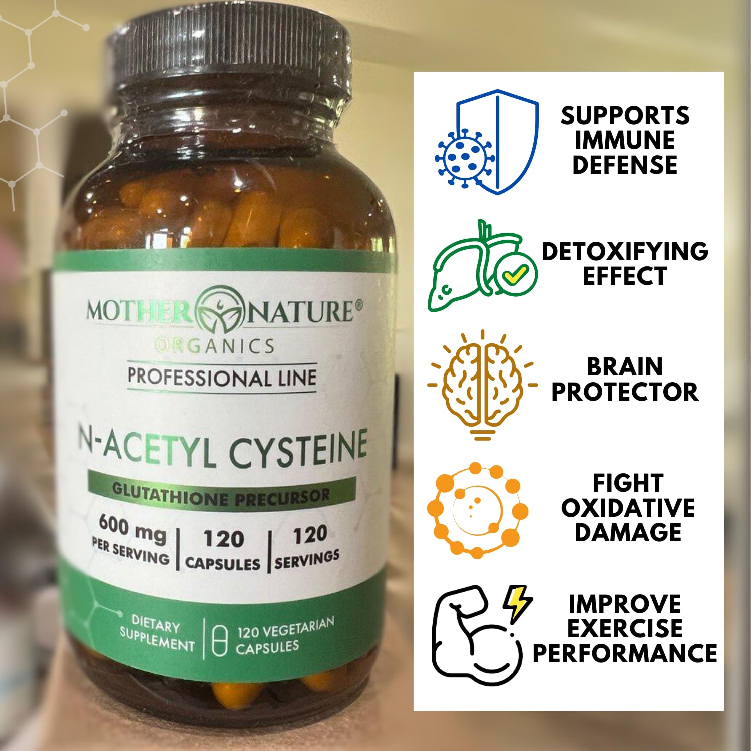 Mother Nature Organics frasco abierto con cápsulas visibles para cantidad por bote