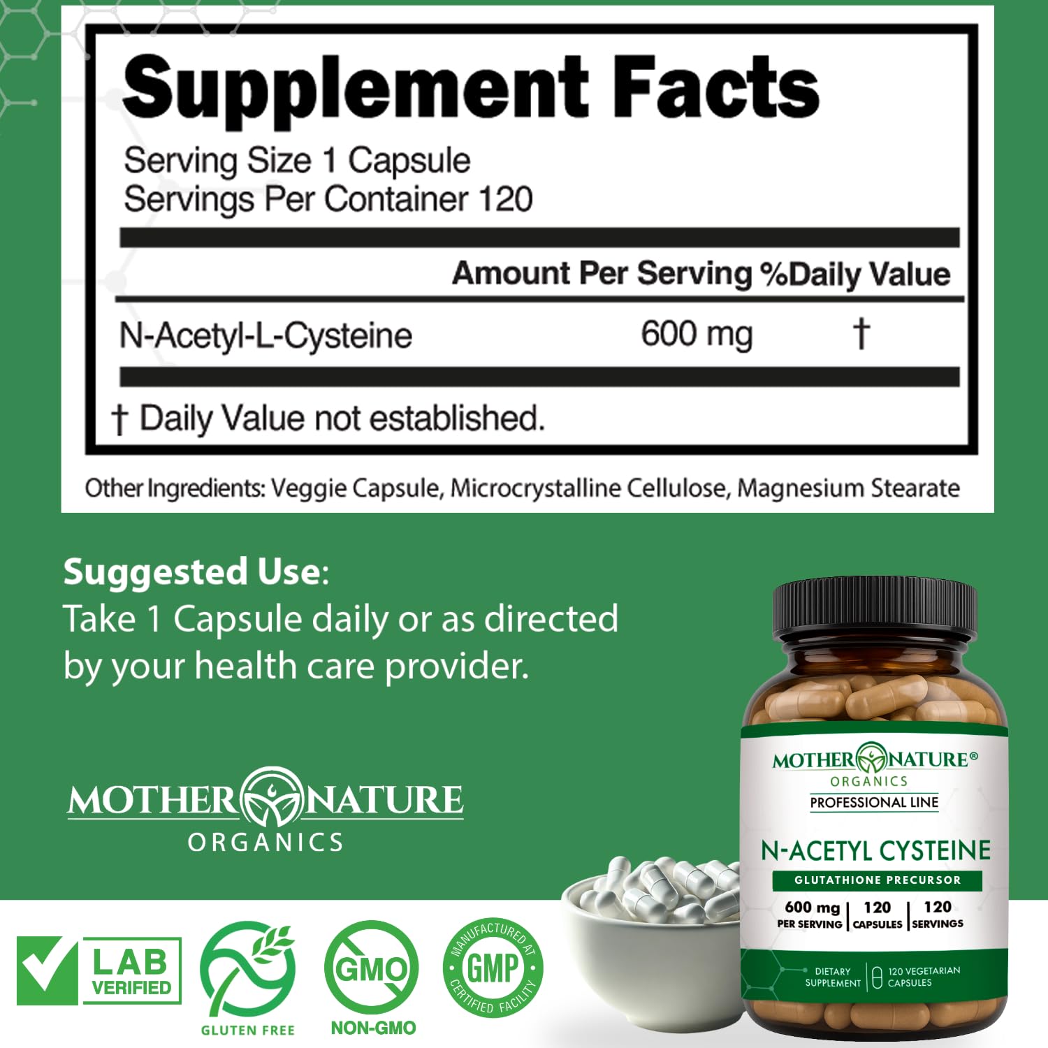 Mother Nature Organics etiqueta informativa con ingredientes y certificaciones claras