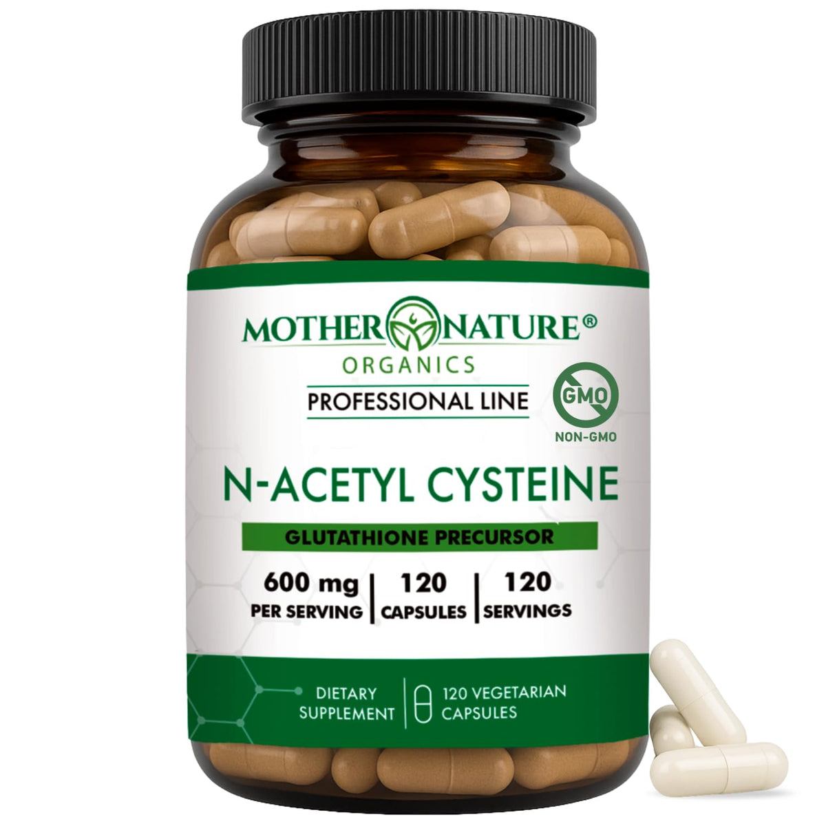 Mother Nature Organics frasco frontal mostrando etiqueta y beneficio de pureza