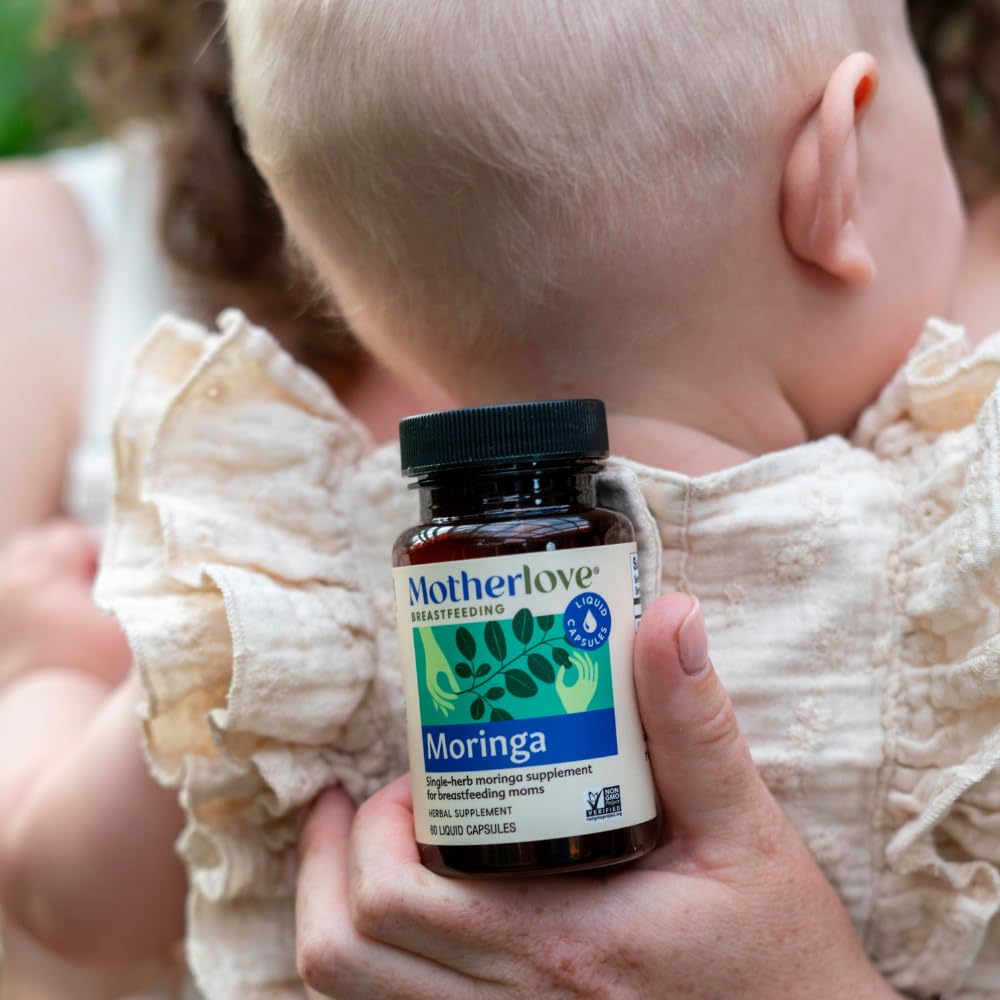 Motherlove moringa botella abierta con cápsulas, cantidad suficiente para un mes