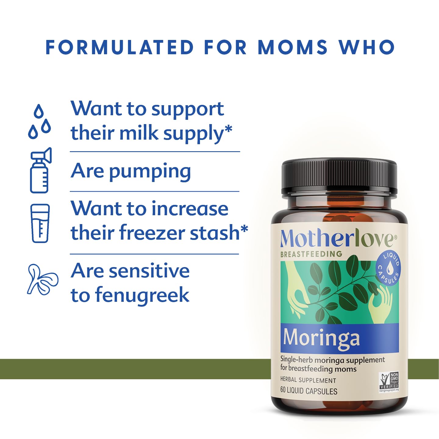 Motherlove moringa cápsulas en mano, fácil dosificación y conveniencia diaria