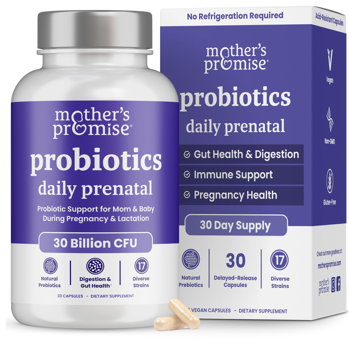 Mother's Promise frontal del envase que destaca 30B CFU y 17 cepas, claridad de uso