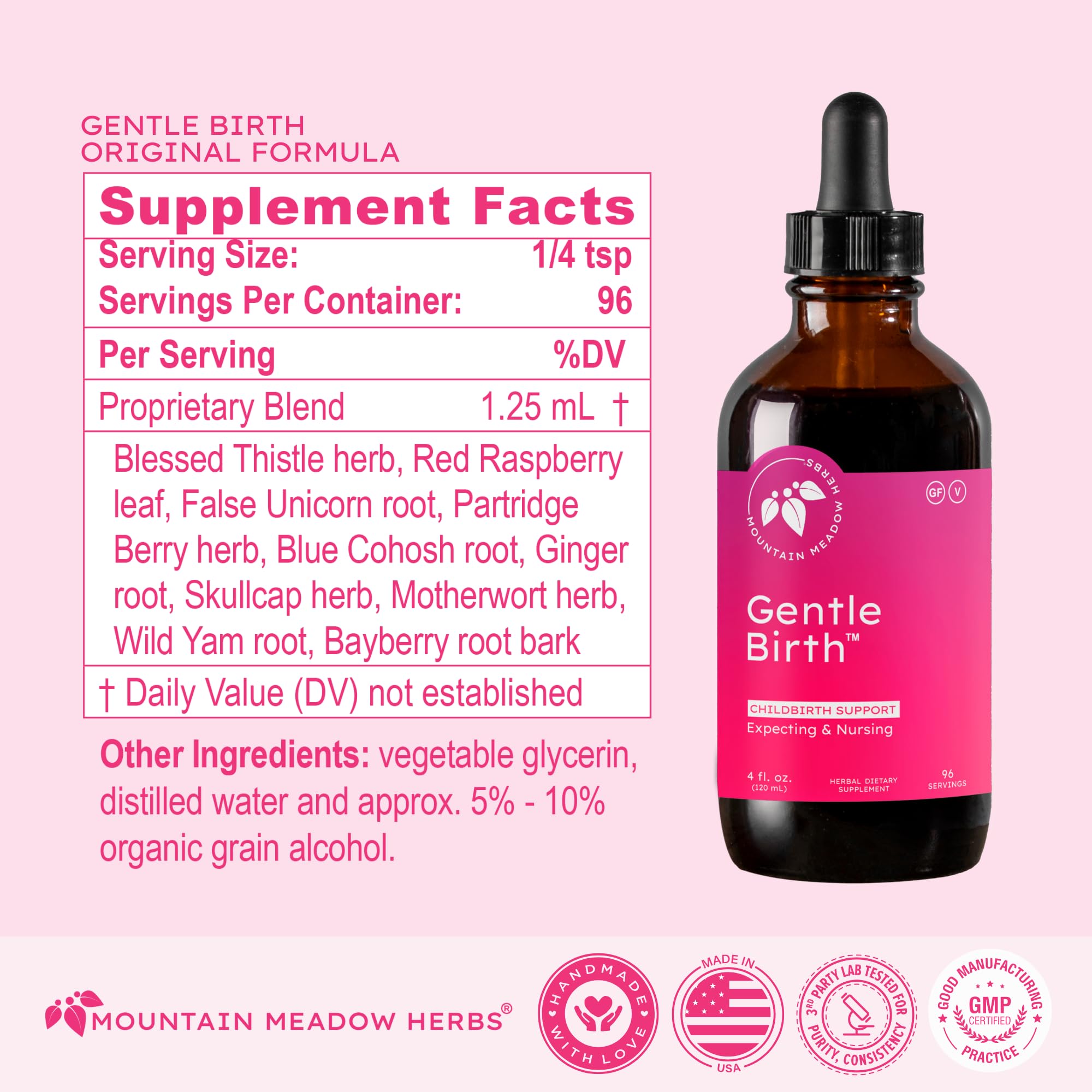Mountain Meadow Herbs botella Gentle Birth en mano para comparativa de tamaño y fácil dosificación