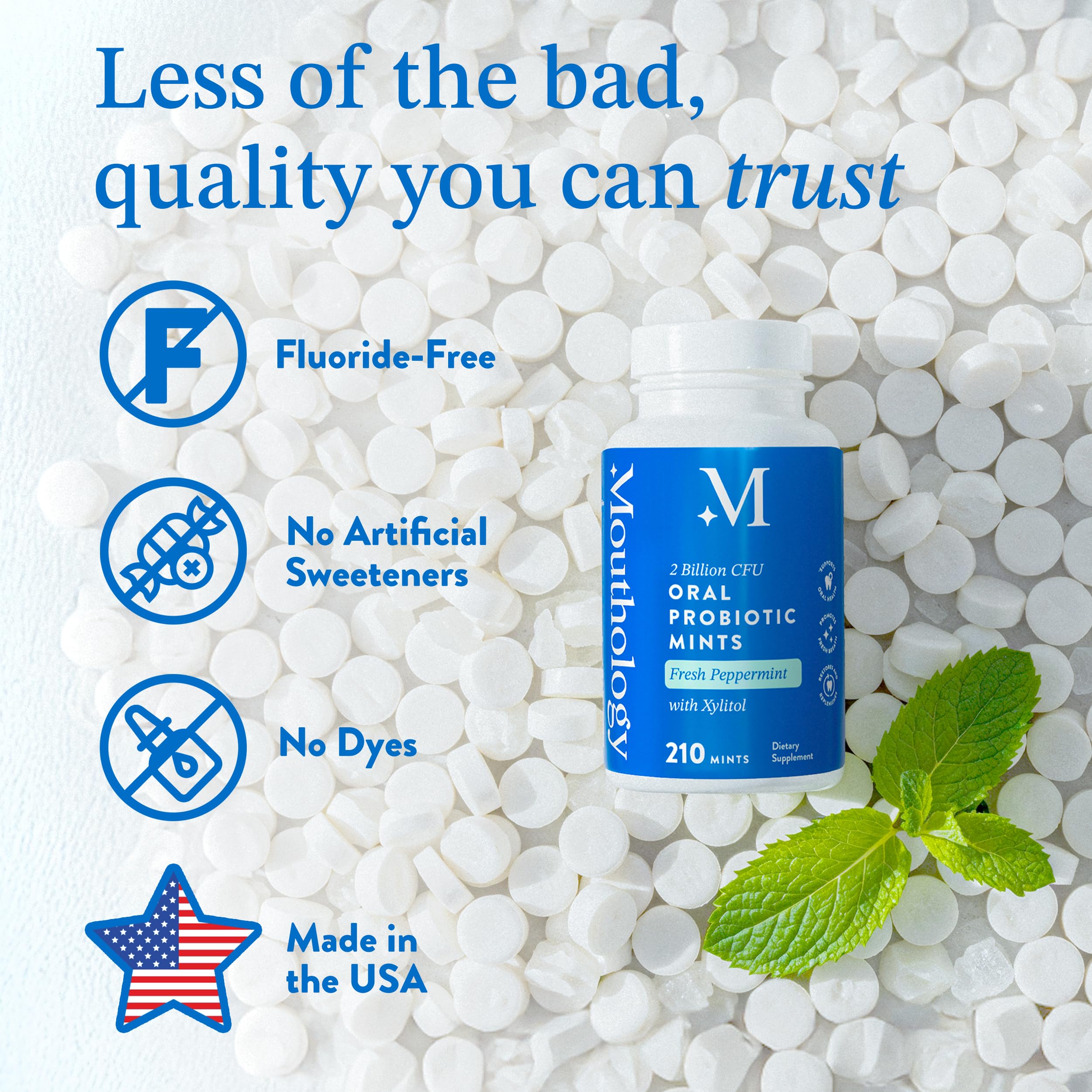 Mouthology etiqueta de ingredientes resaltando xilitol y mezcla probiótica para apoyo oral