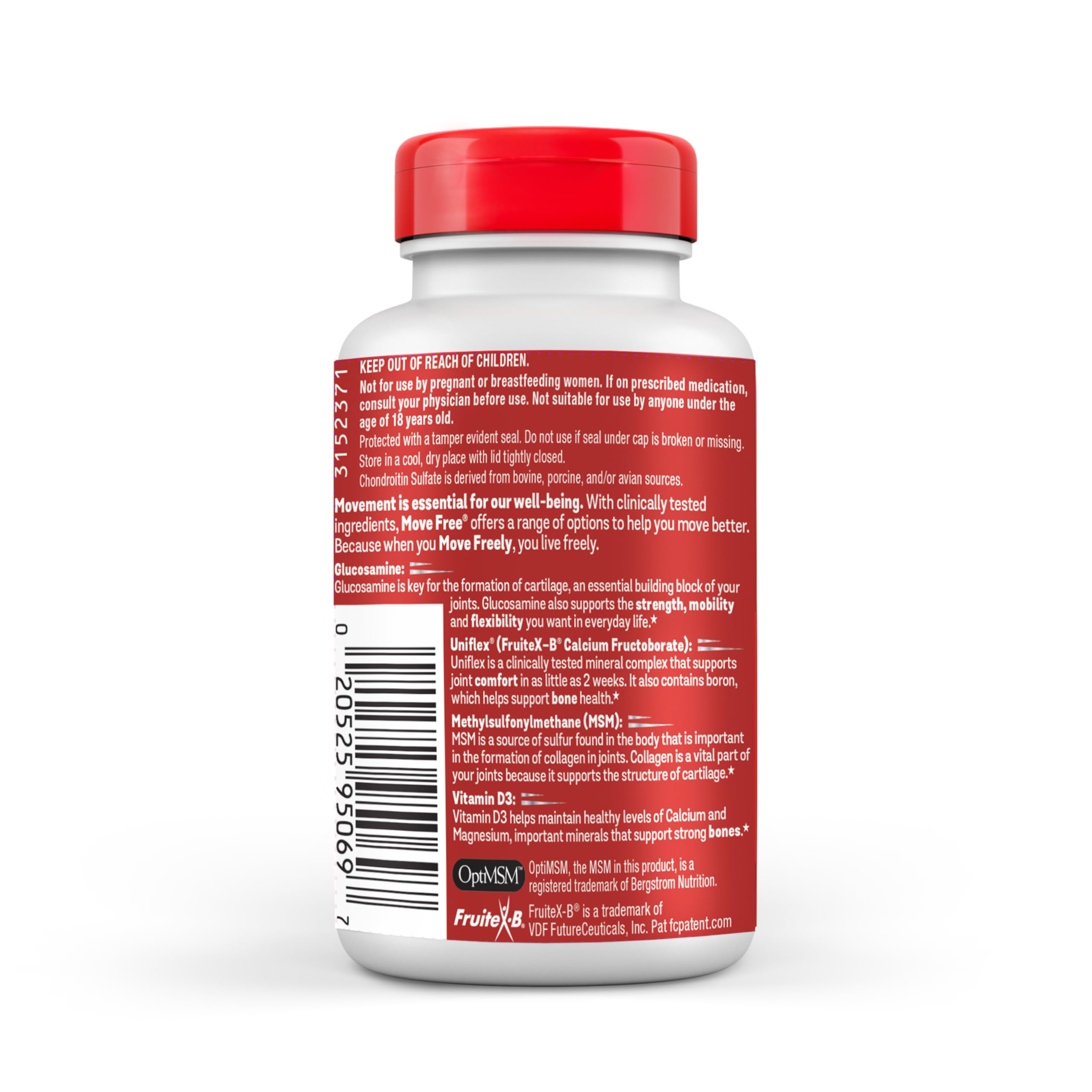 Etiqueta de Move Free con lista de ingredientes destacando glucosamina y MSM