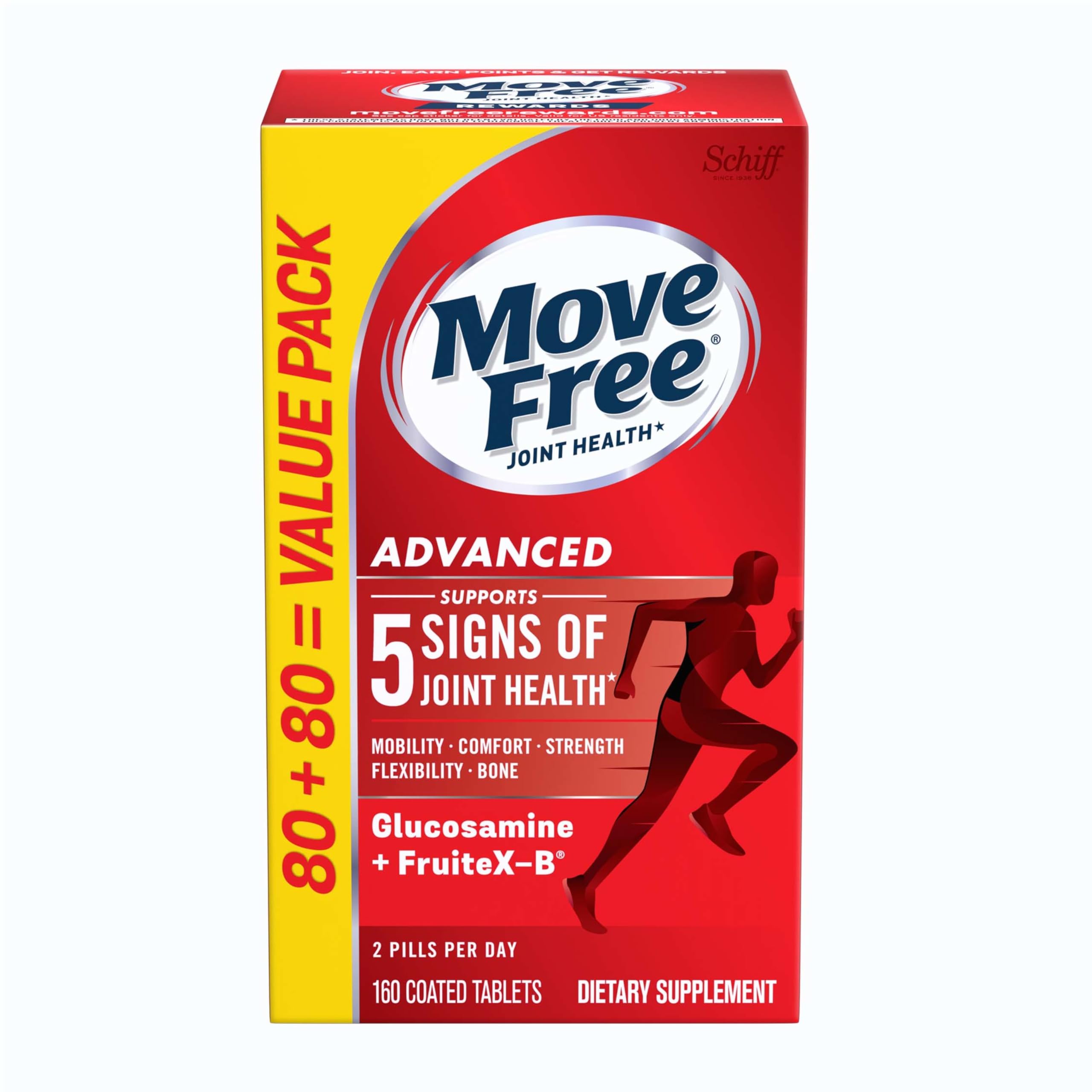 Move Free frente del empaque mostrando tabletas y beneficio de apoyo articular