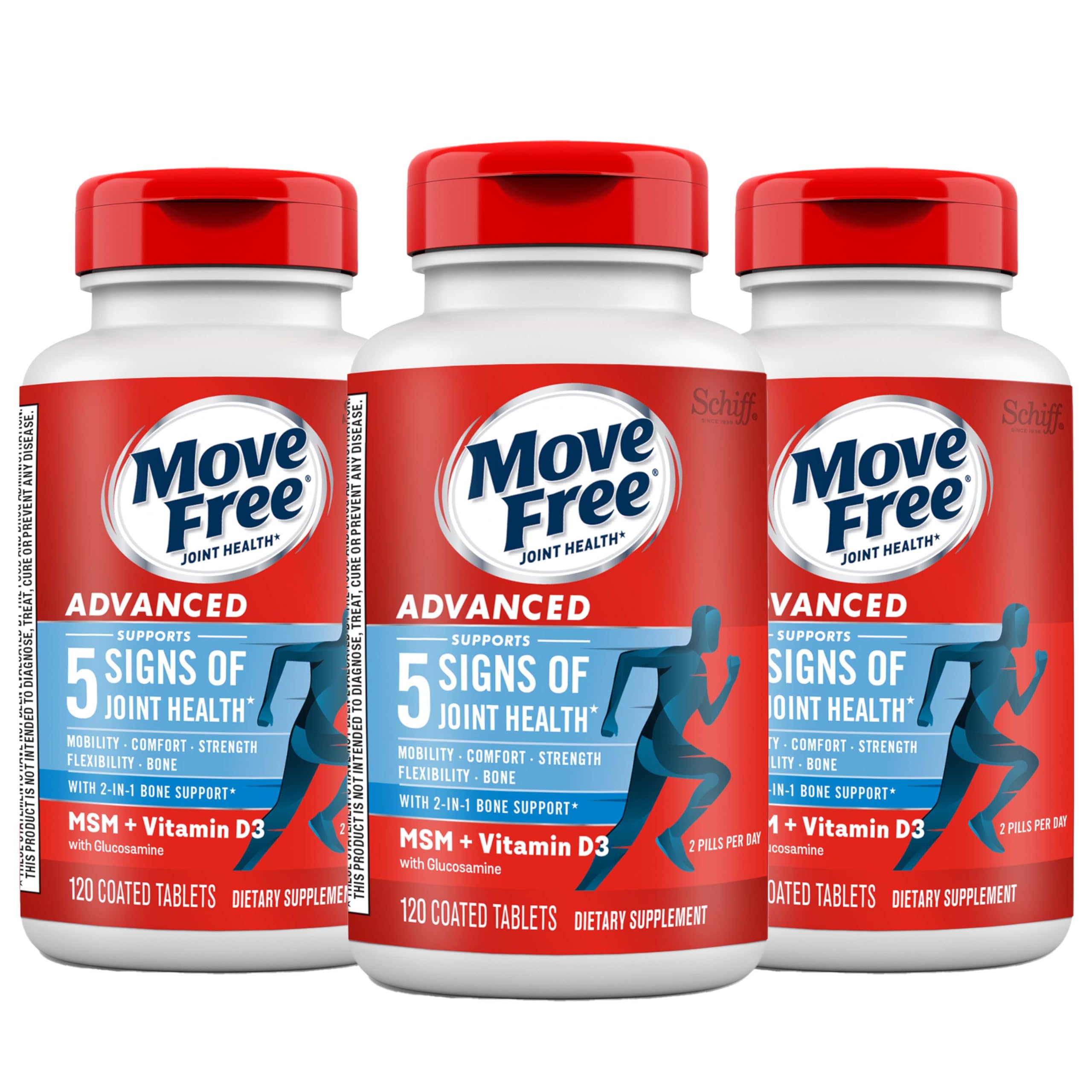 Move Free frente del empaque mostrando el pack triple y beneficios clave