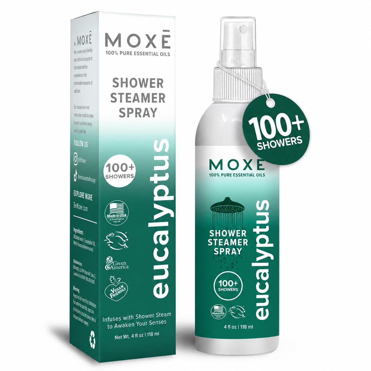 MOXĒ botella frontal de eucalipto mostrando diseño elegante y beneficio refrescante