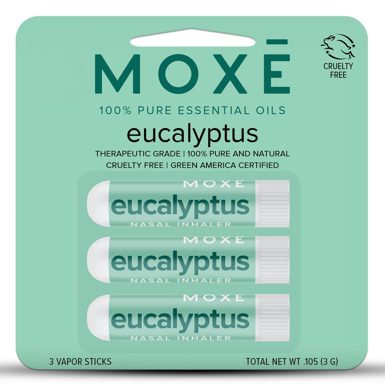 MOXĒ inhalador eucalipto frontal mostrando empaque y beneficio portátil