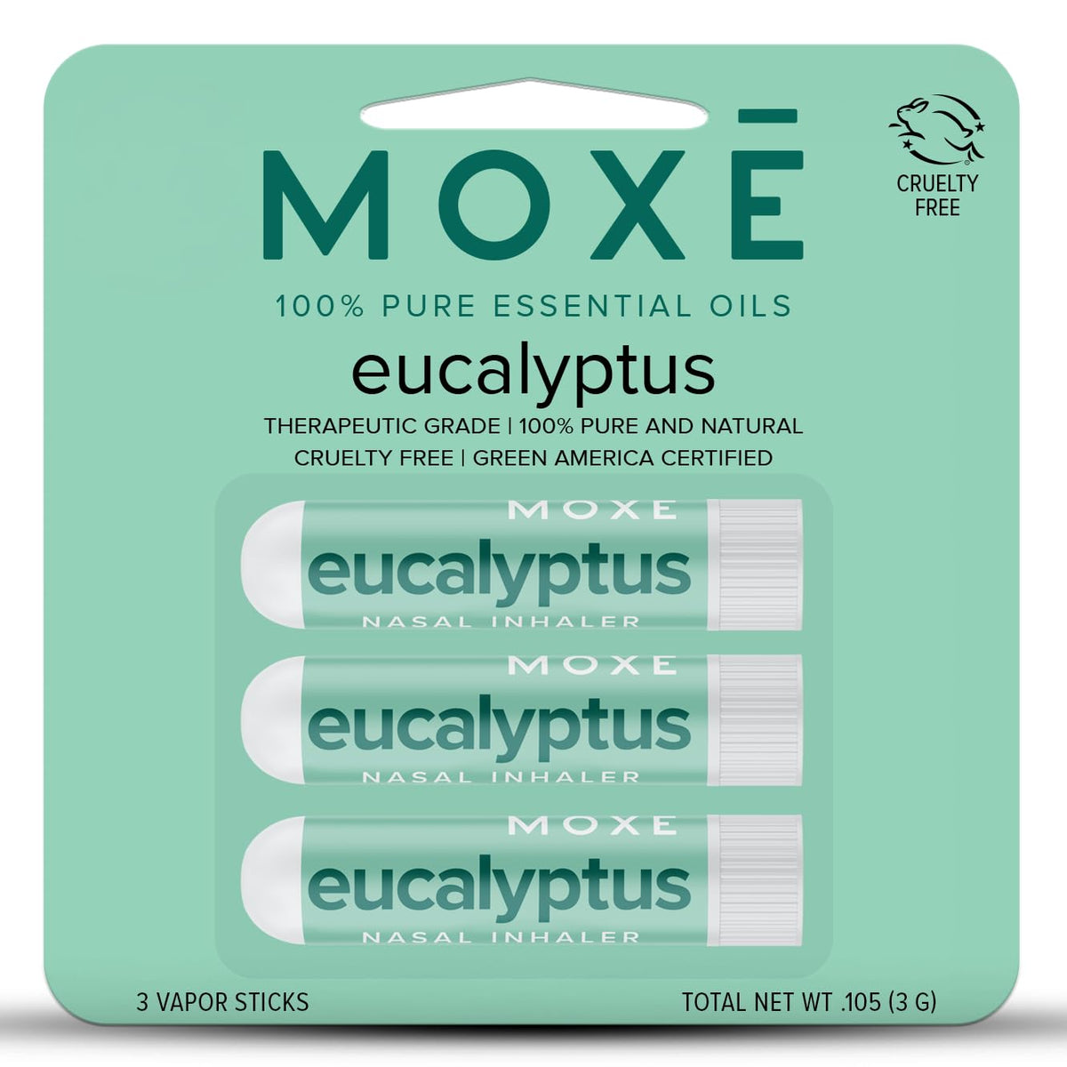 MOXĒ inhalador eucalipto frontal mostrando empaque y beneficio portátil