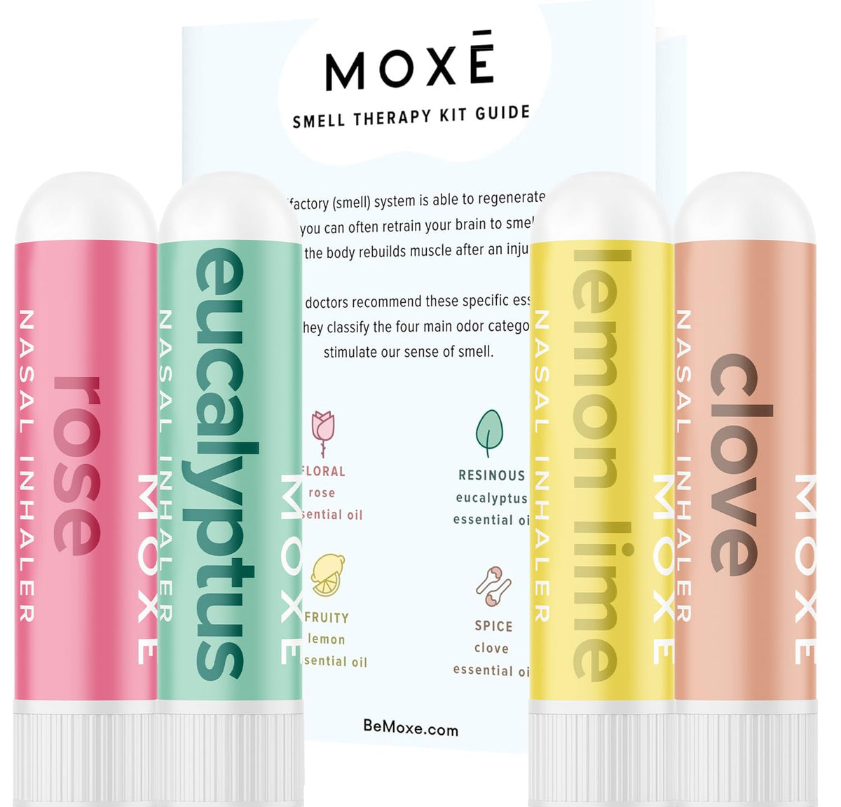 MOXE kit presentación frontal mostrando inhaladores y caja, ayuda a iniciar entrenamiento olfativo