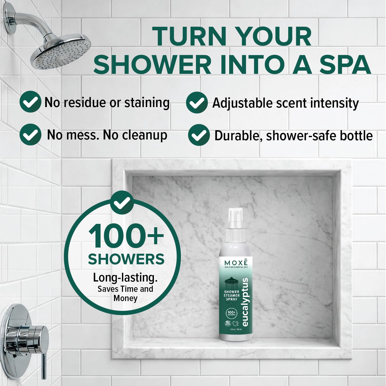 MOXĒ spray aplicado en ducha con vapor que intensifica sensación vigorizante