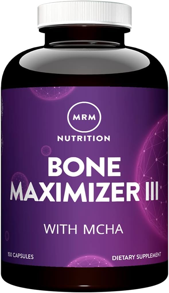 MRM bote frontal del suplemento Bone Maximizer III mostrando etiqueta y beneficios