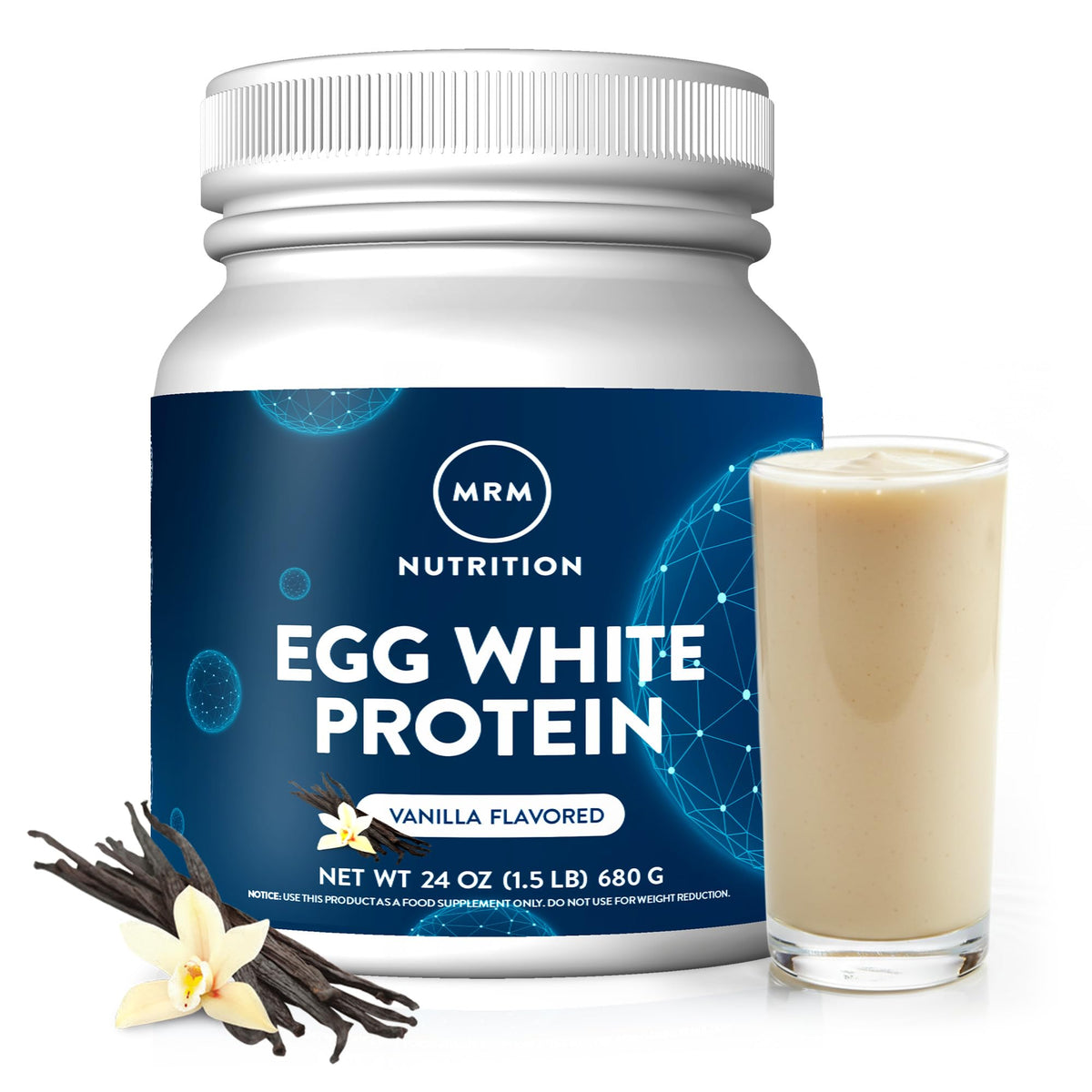 MRM envase frontal de Egg White Protein mostrando etiqueta clara y beneficios