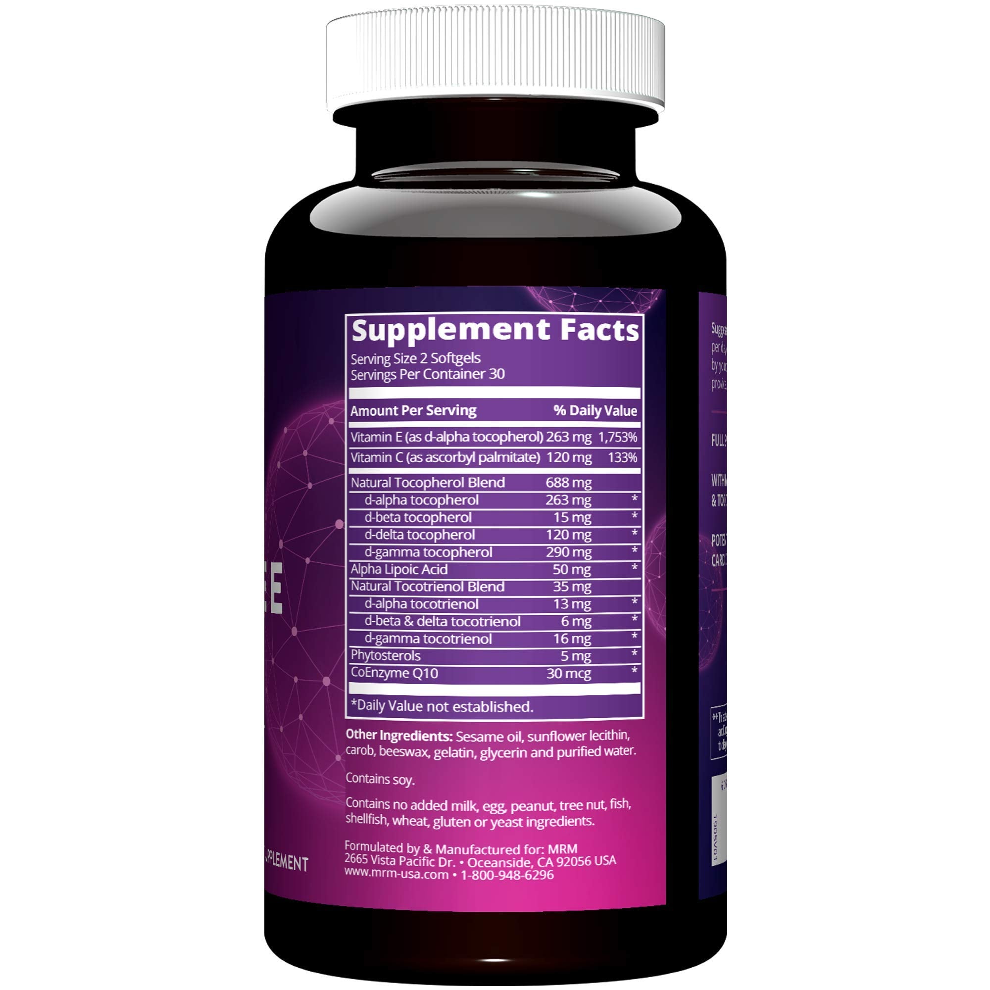 MRM Complete E etiqueta con ingredientes, facilita identificación de tocoferoles y CoQ‑10