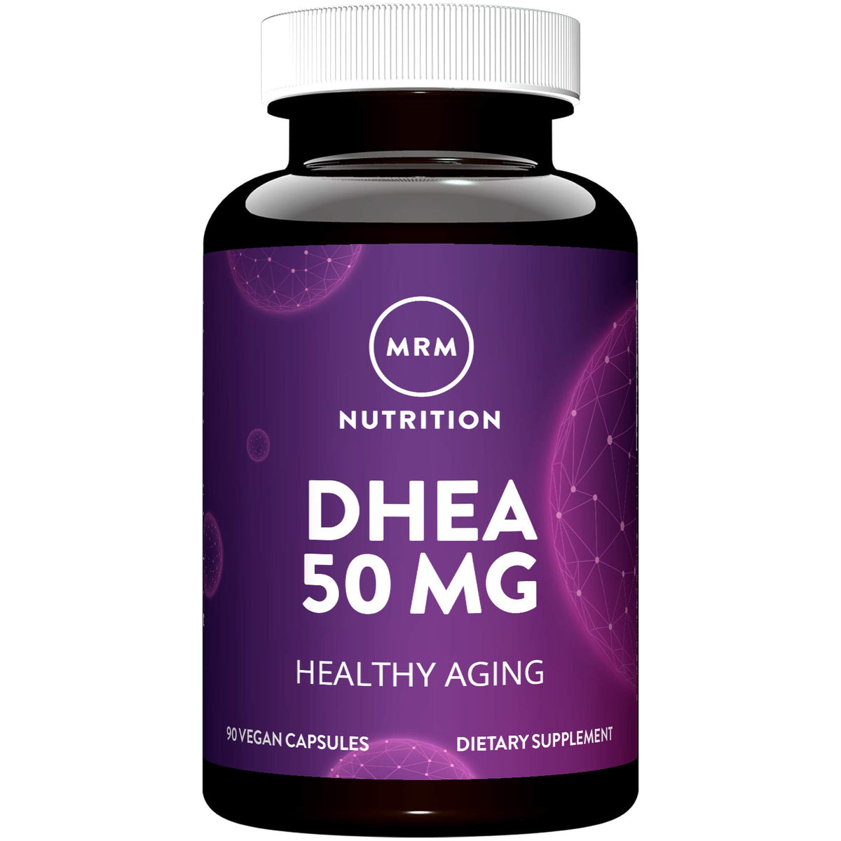 Botella MRM Nutrition DHEA 50 mg vista frontal con etiqueta clara y beneficio de dosificación diaria
