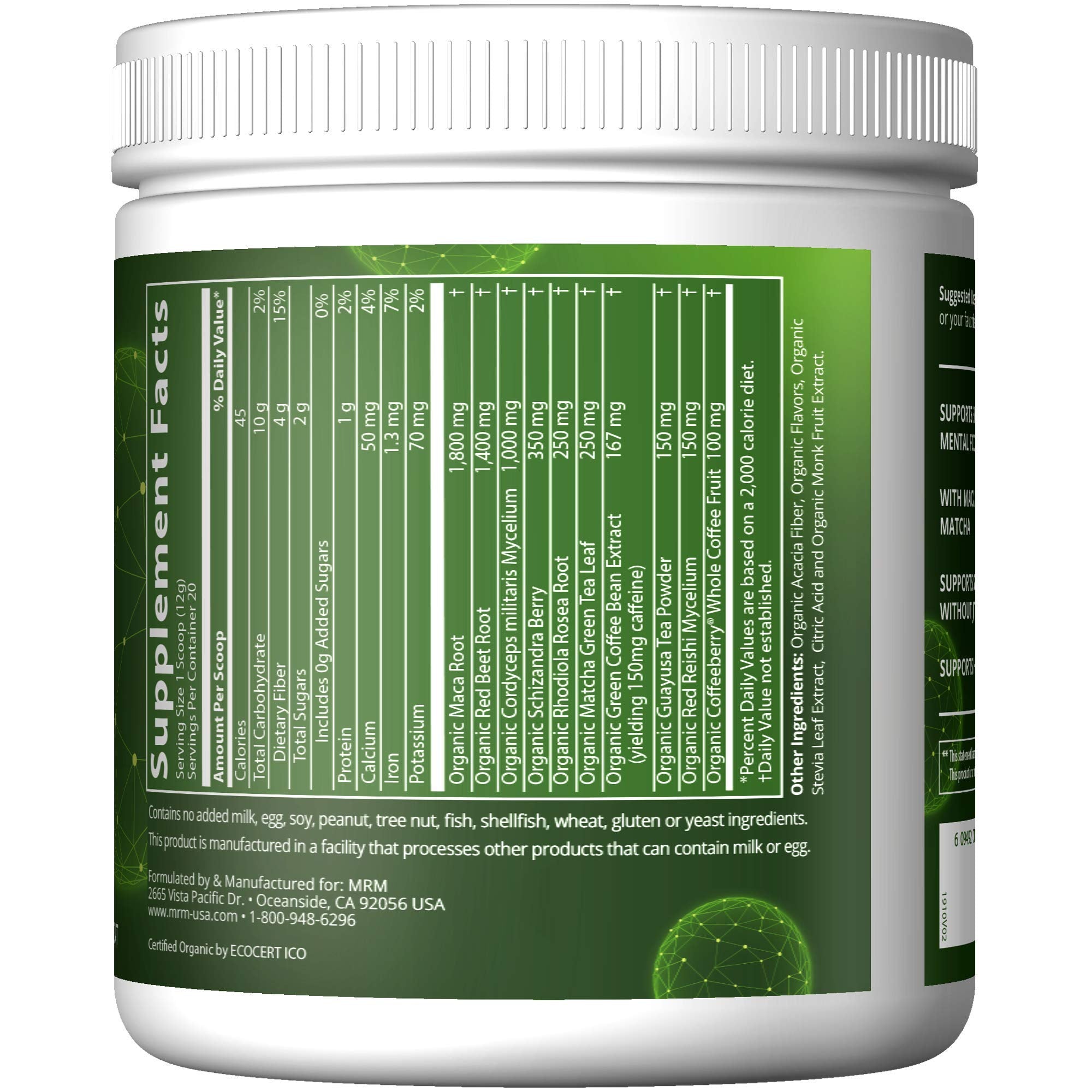 MRM etiqueta con lista de ingredientes orgánicos y certificaciones visibles