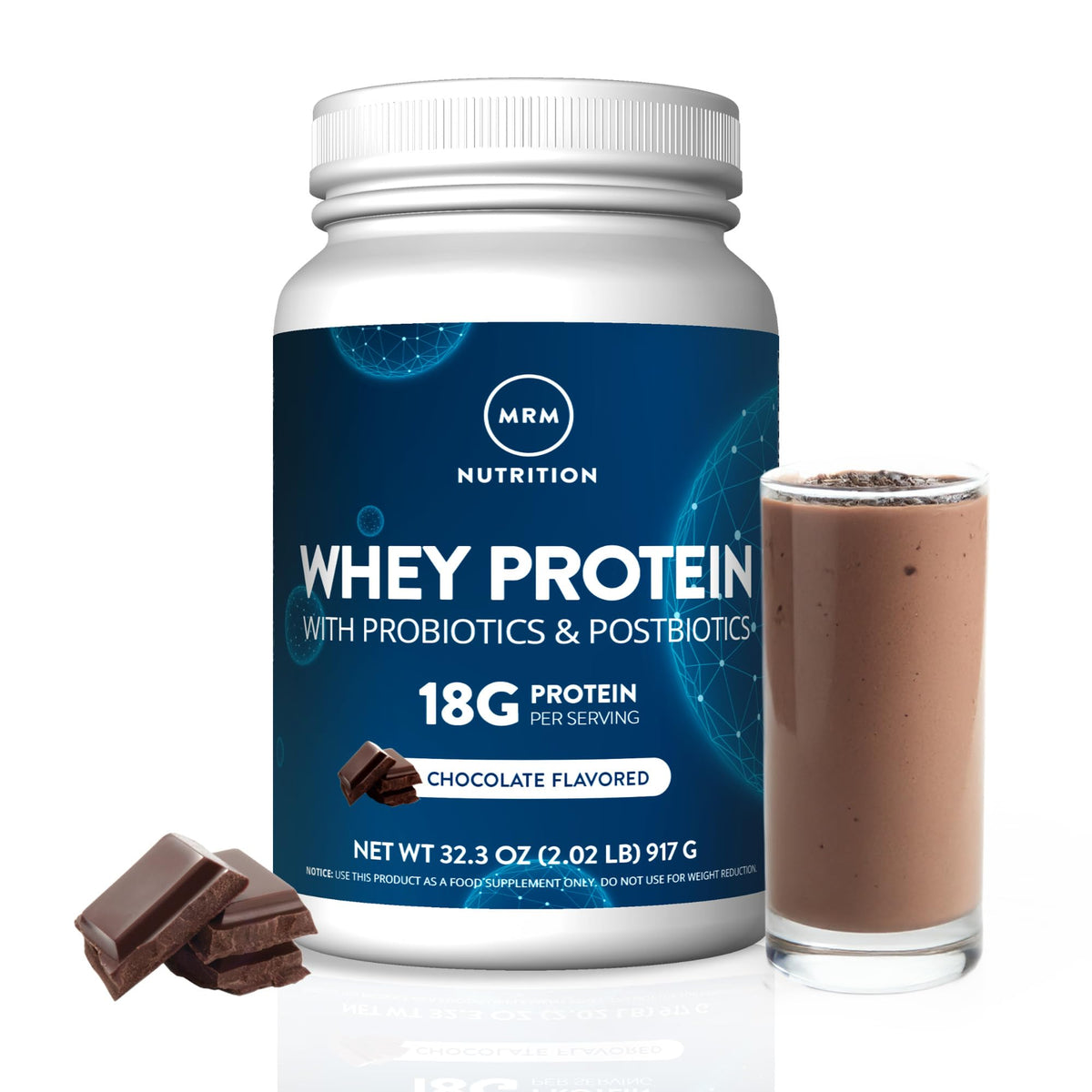 MRM envase frontal sabor chocolate mostrando etiqueta y beneficios