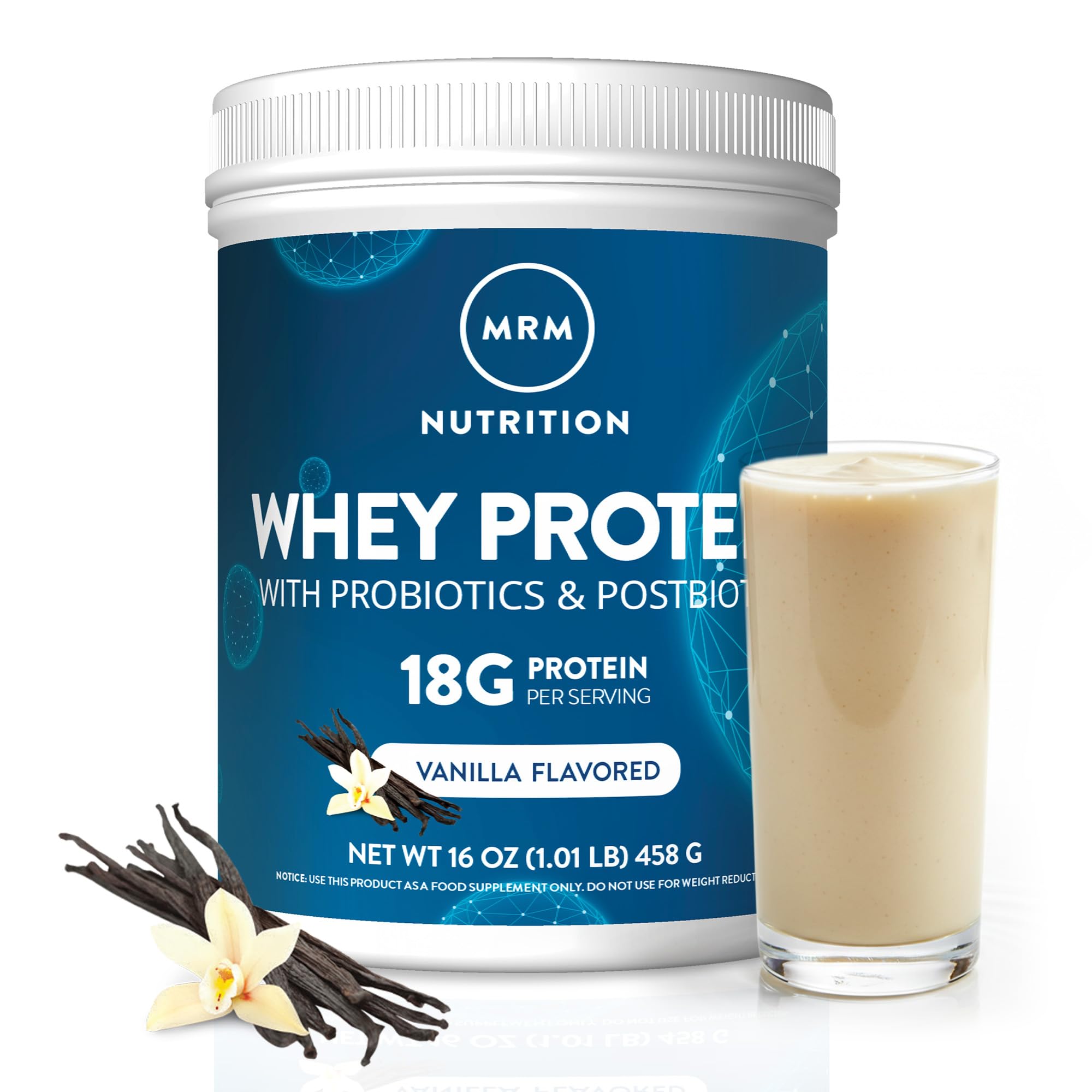 MRM envase frontal de whey vainilla mostrando etiqueta y beneficio de 18 g proteína