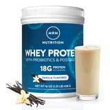 MRM envase frontal de whey vainilla mostrando etiqueta y beneficio de 18 g proteína