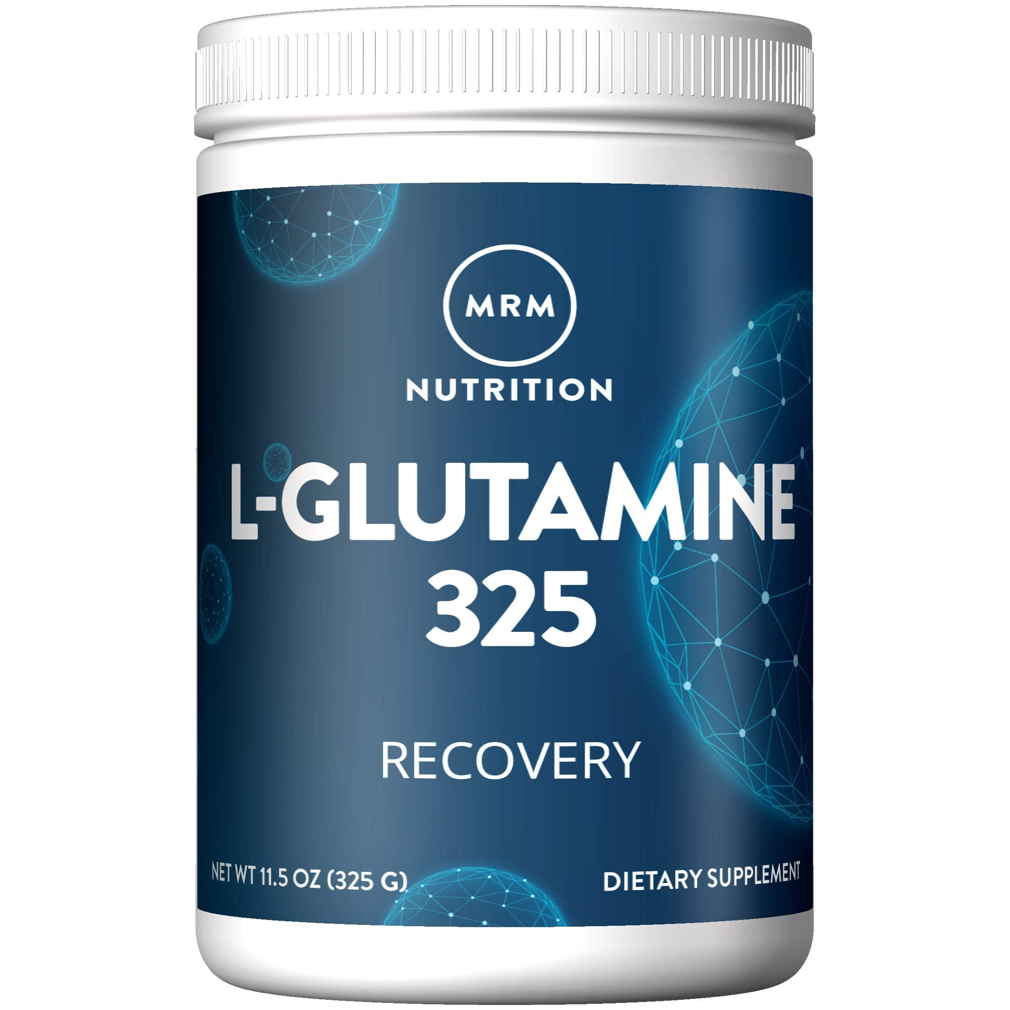 MRM envase frontal de L‑Glutamine mostrando 65 servicios y presentación clara