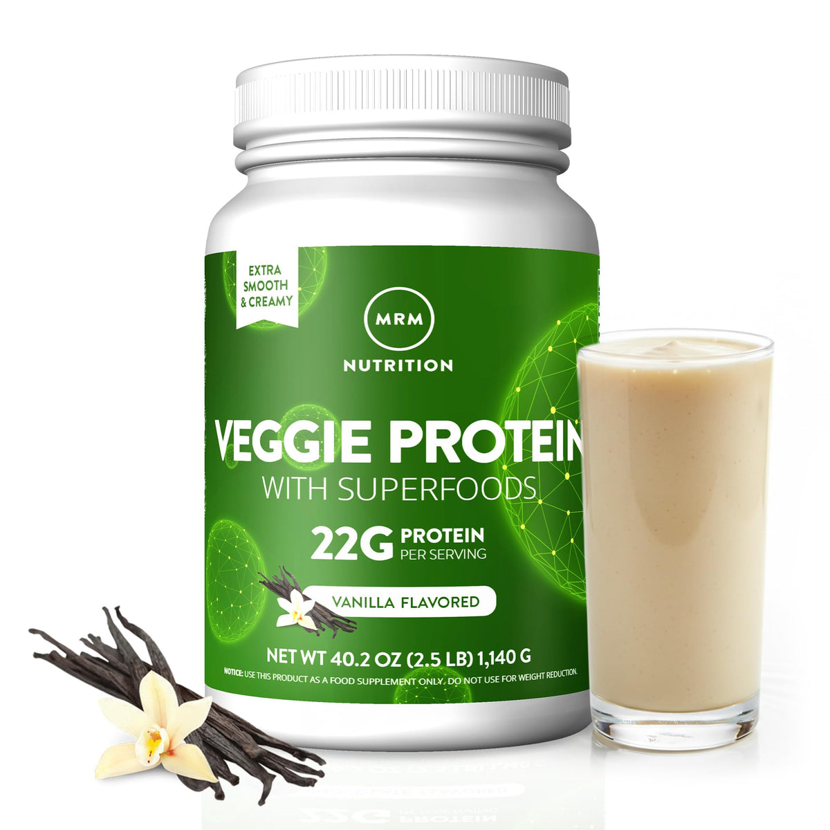 MRM envase frontal de Veggie Protein mostrando 33 raciones y beneficio de proteína vegetal