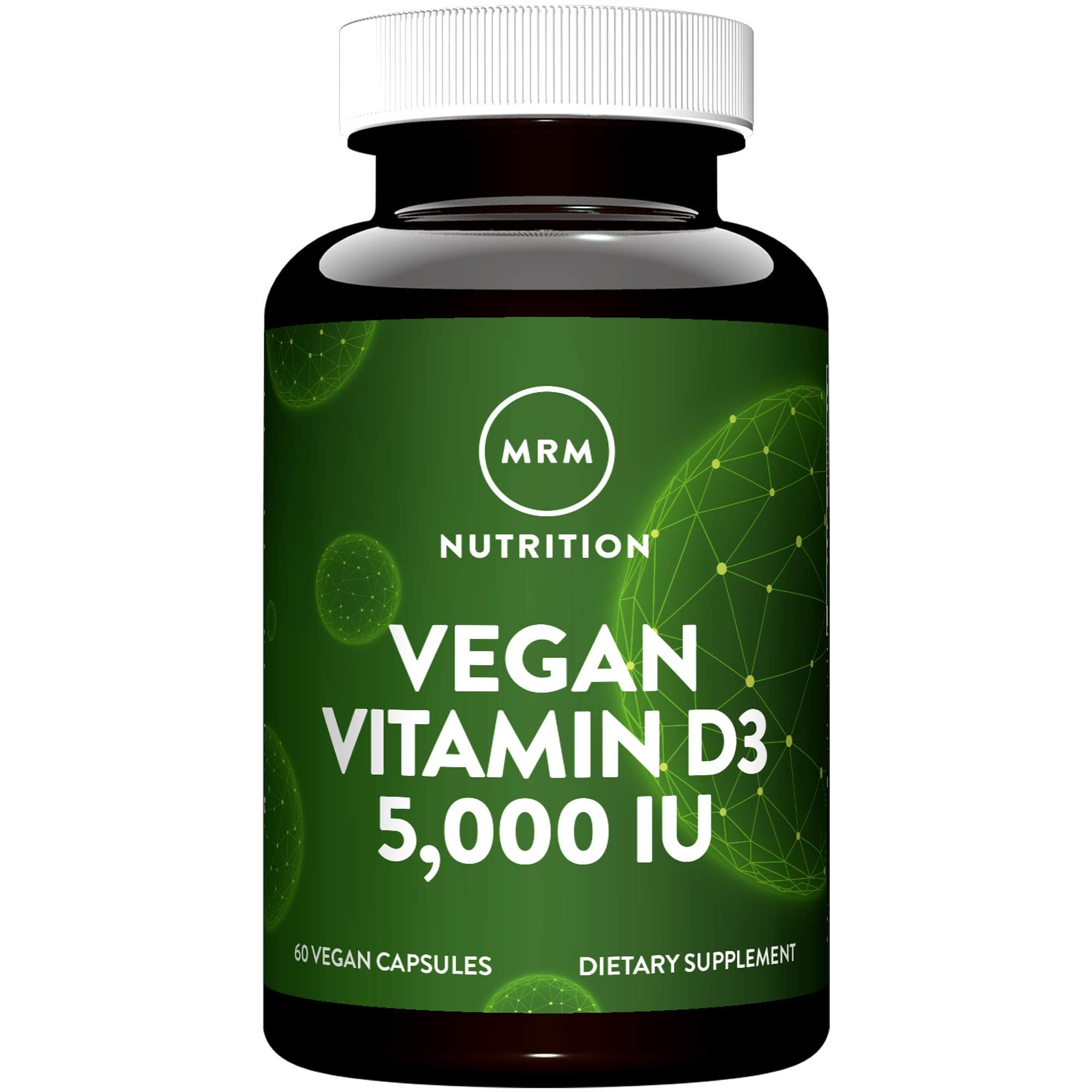 MRM frasco frontal de Vitamin D3 5000 IU mostrando etiqueta vegana y beneficio de pureza