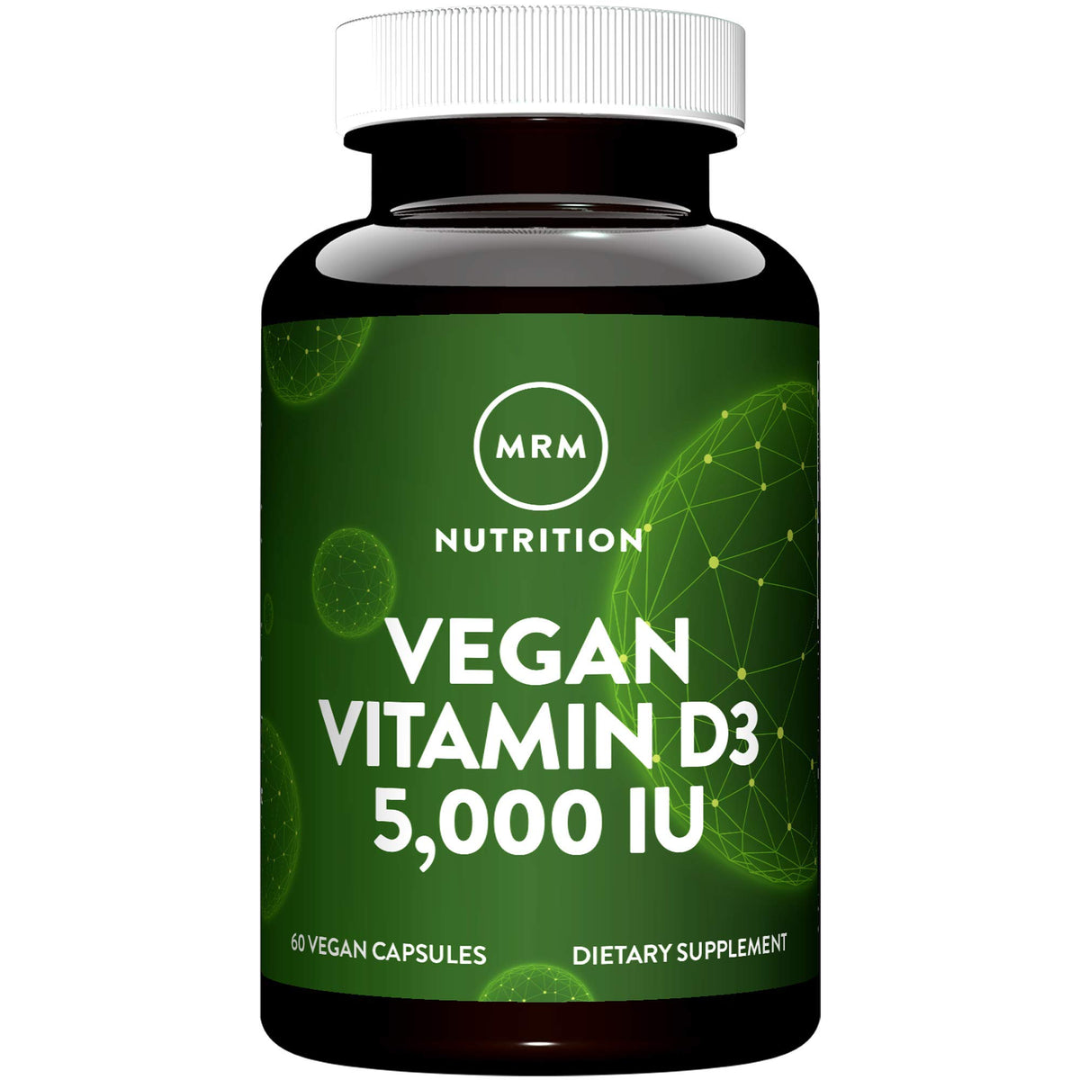 MRM frasco frontal de Vitamin D3 5000 IU mostrando etiqueta vegana y beneficio de pureza
