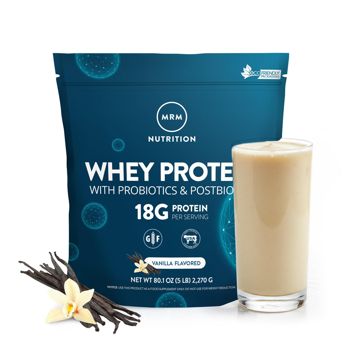 MRM Whey Vainilla frente del envase mostrando sabor y porciones