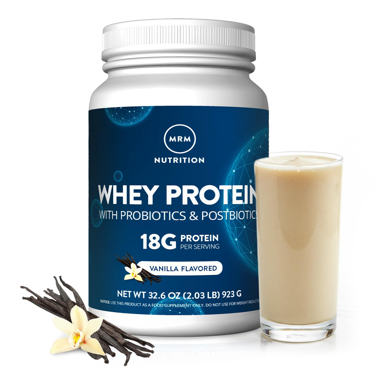 MRM envase frontal de Whey Vainilla mostrando cantidad y sabor