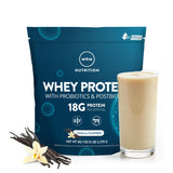 MRM Whey Vainilla frente del envase mostrando sabor y porciones