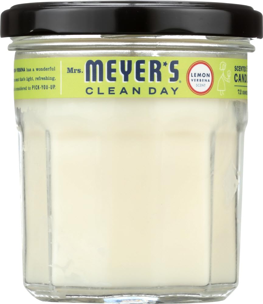 Mrs. MEYER'S vela frontal en tarro de cristal mostrando etiqueta y aroma