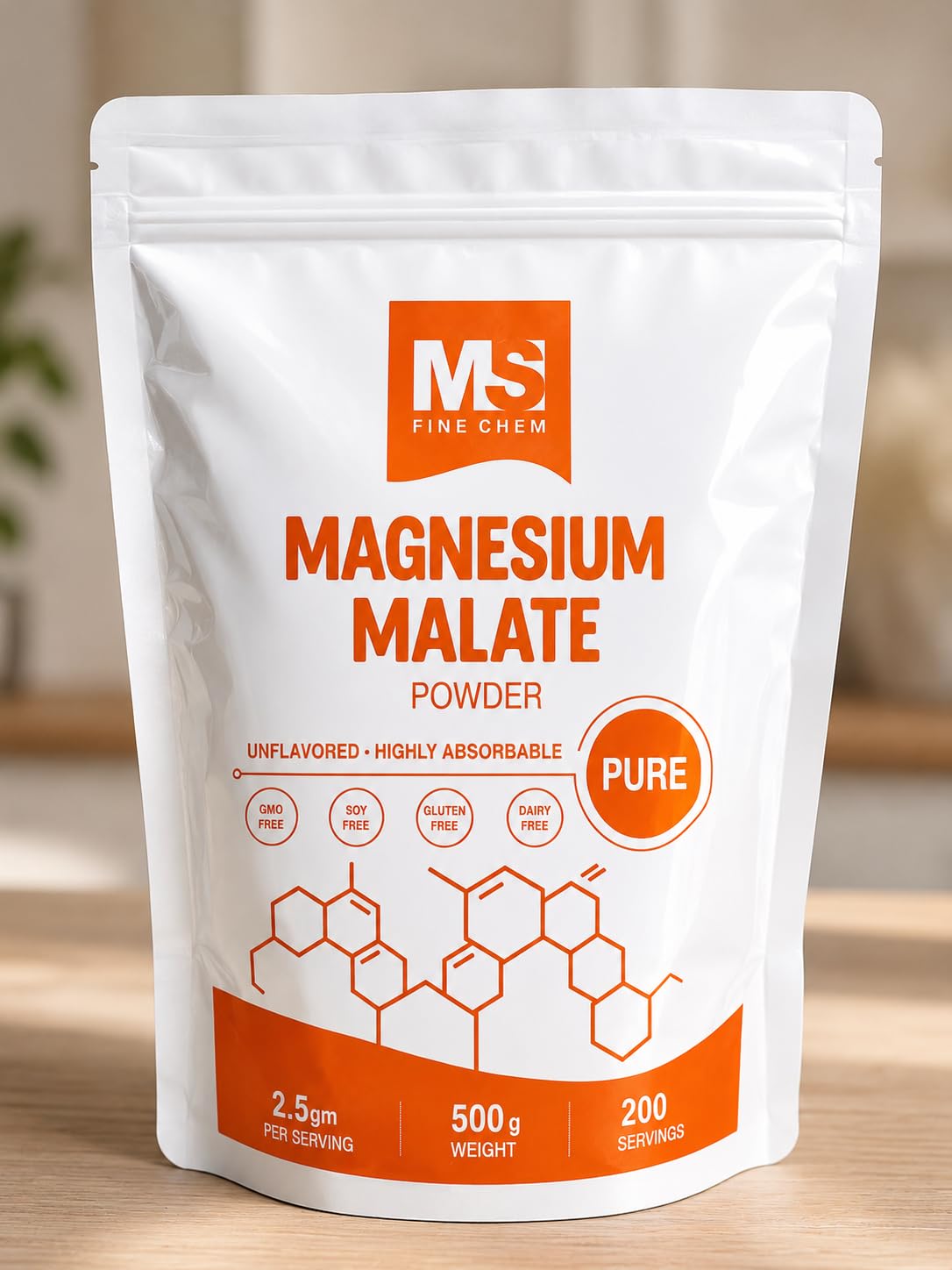MS Finechem envase frontal del Magnesium Malate mostrando etiqueta clara y beneficio de biodisponibilidad