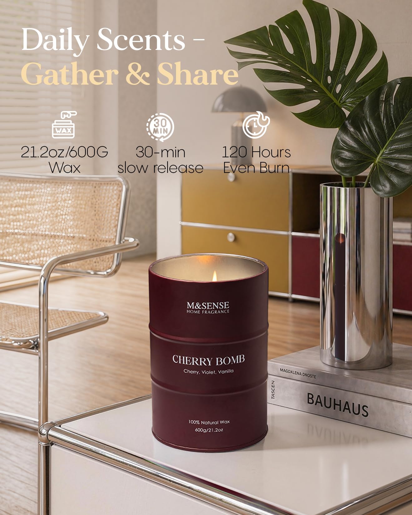 M&SENSE vela encendida en sala, crea ambiente acogedor y perfumado